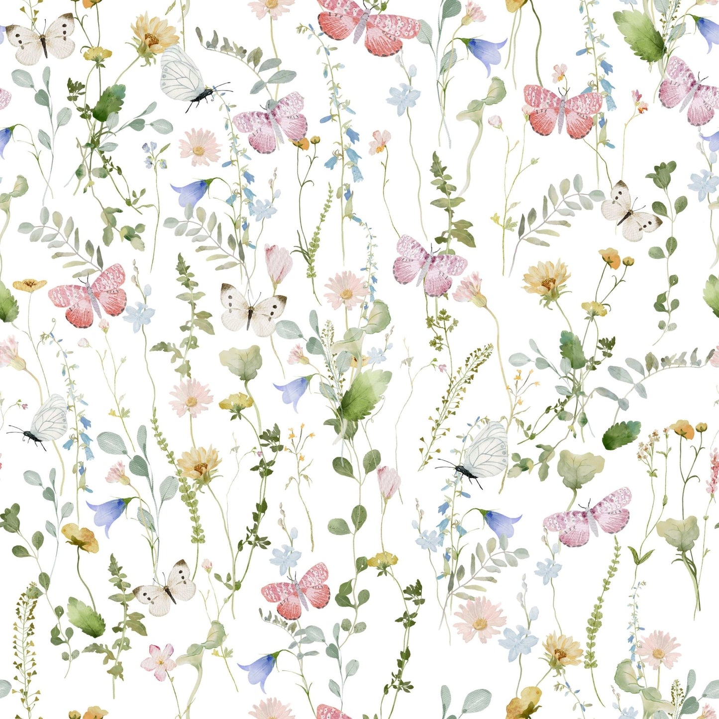 Rustic meadow flowers and butterfly motif wallcovering.