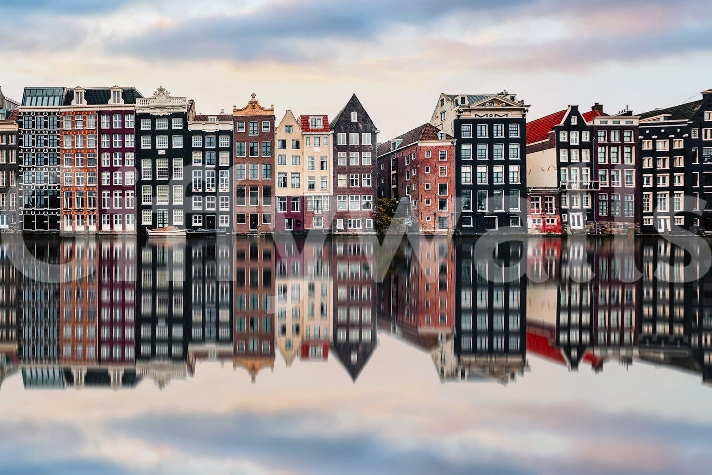 Canal City Calm wall mural with mirrored canal houses and a soft evening skyline, GD7983