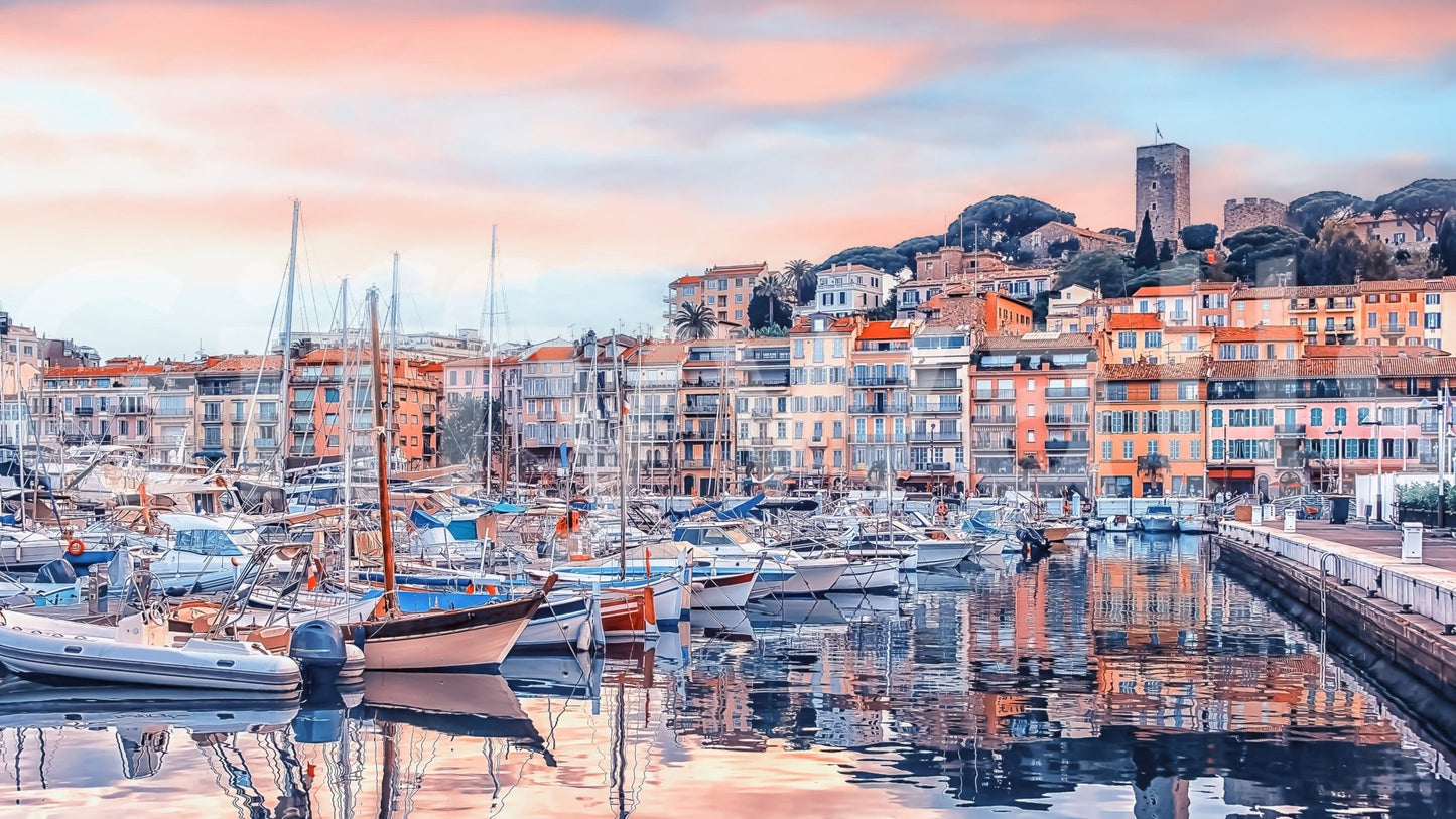 Cannes Vista Wall Mural with pastel harbor buildings and sunset marina reflections, GD7966