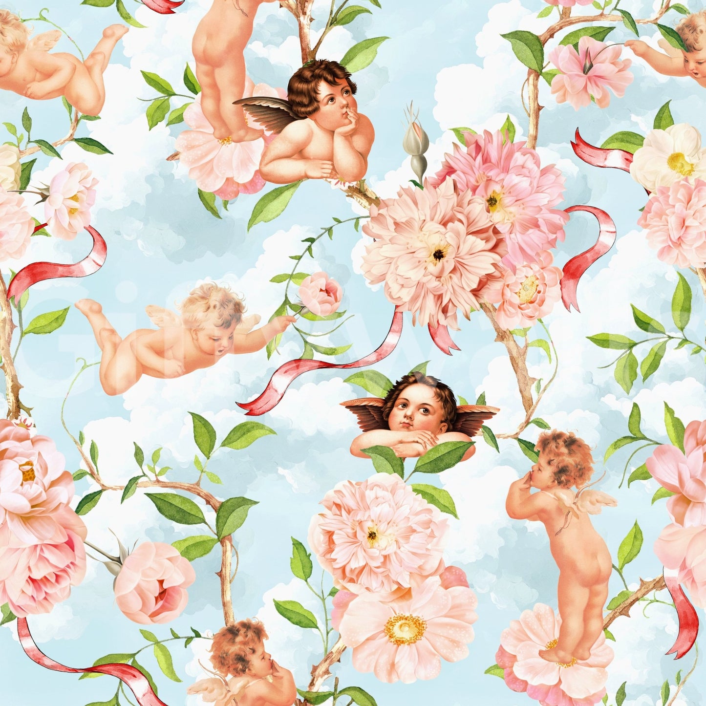 Cherub and blossom wallpaper for peaceful rooms., GD1451