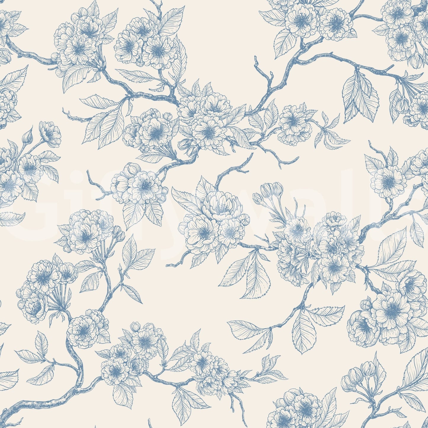 Off white floral wallpaper with blue branches and blooms, GD9204