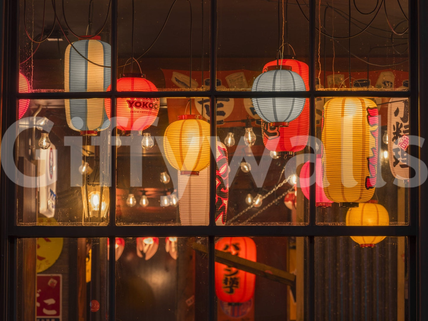 Festive lantern wall art with market scene