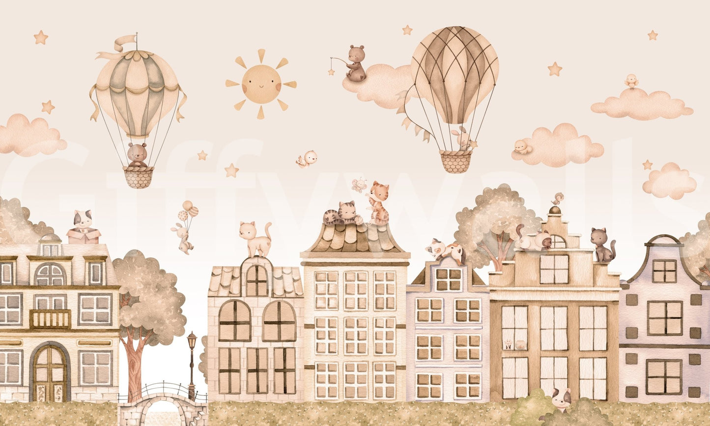 Soft toned City Cats Mono wall mural with sky and buildings