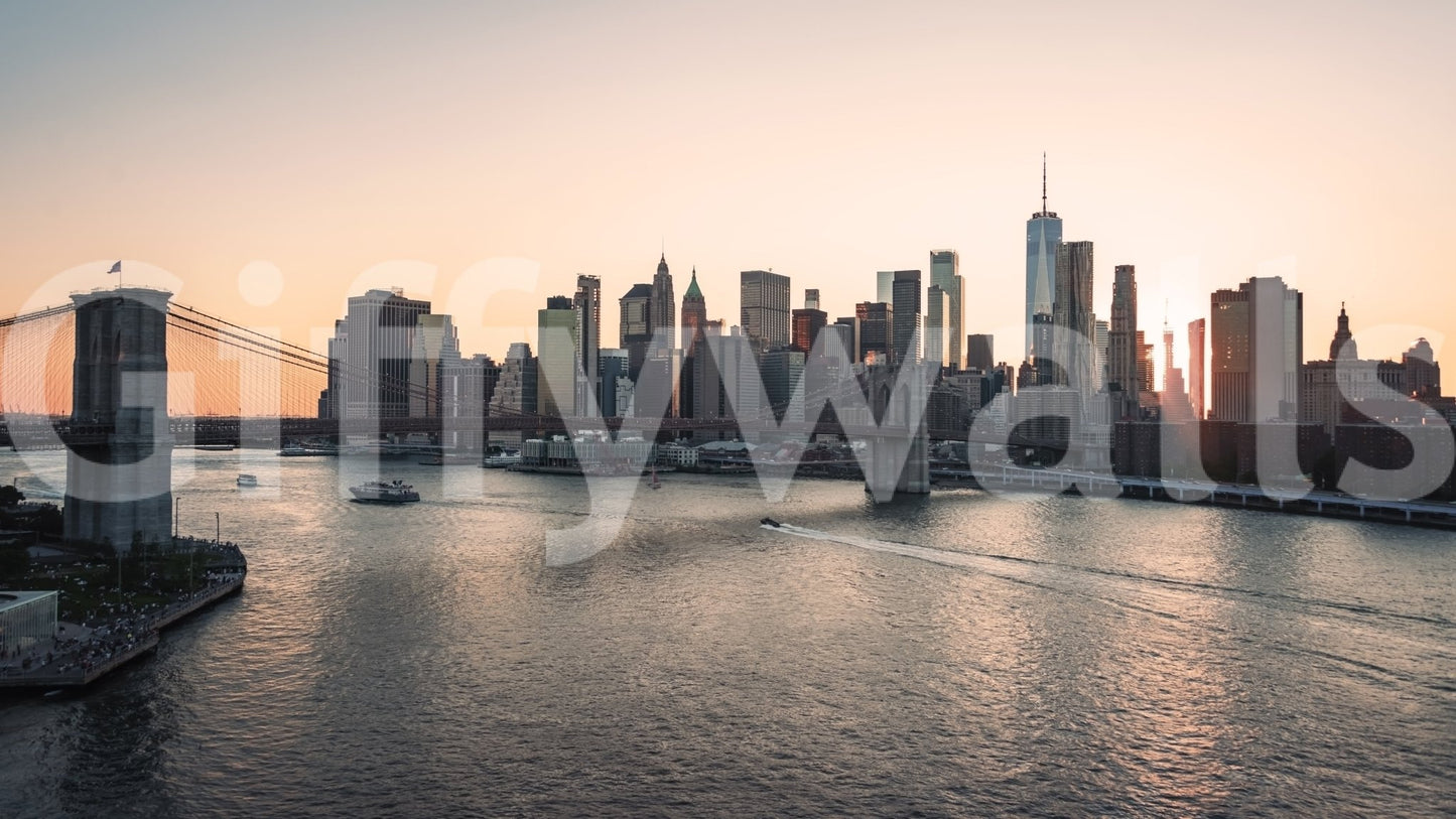 Sunrise cityscape in City Lights at Dawn Wall Mural with buildings and water view