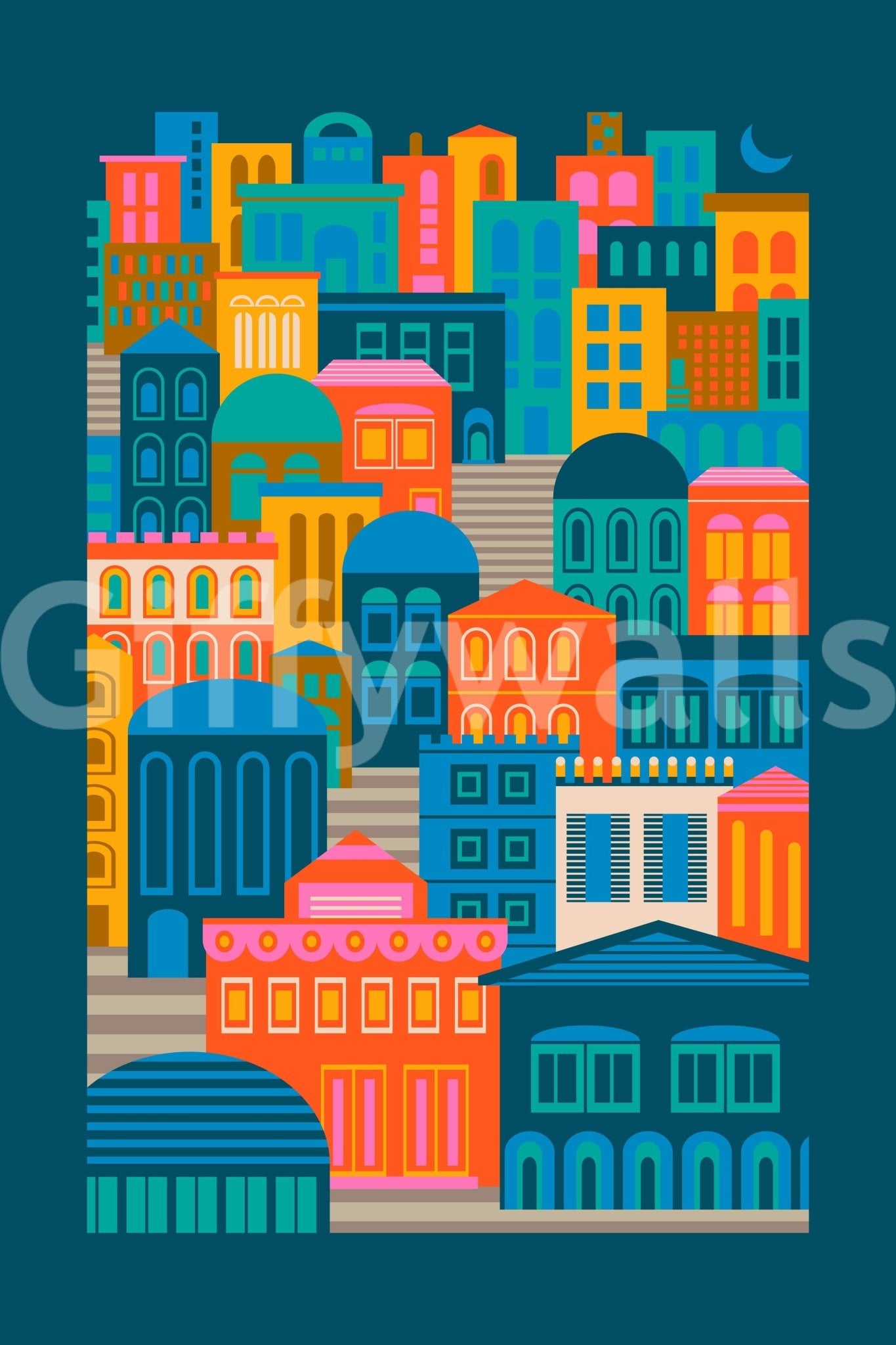 Moon Rainbow Brights city view wall mural eclectic style graphic.