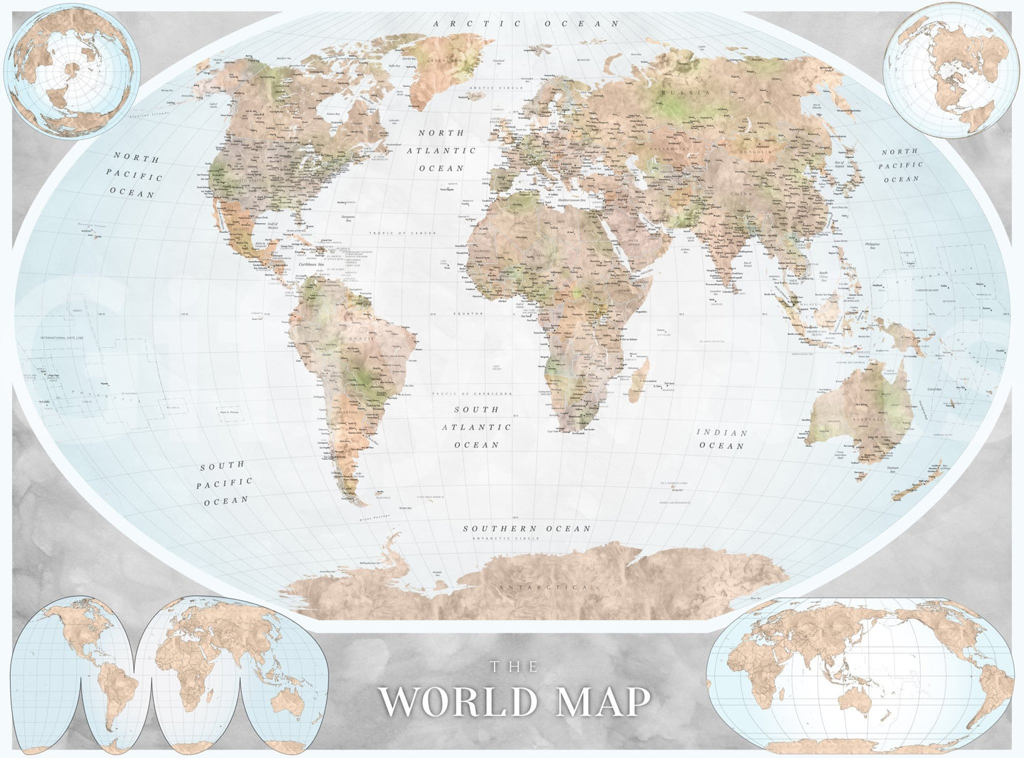 Classic World Map in Blue and Earthy Tones wall mural with ocean labels