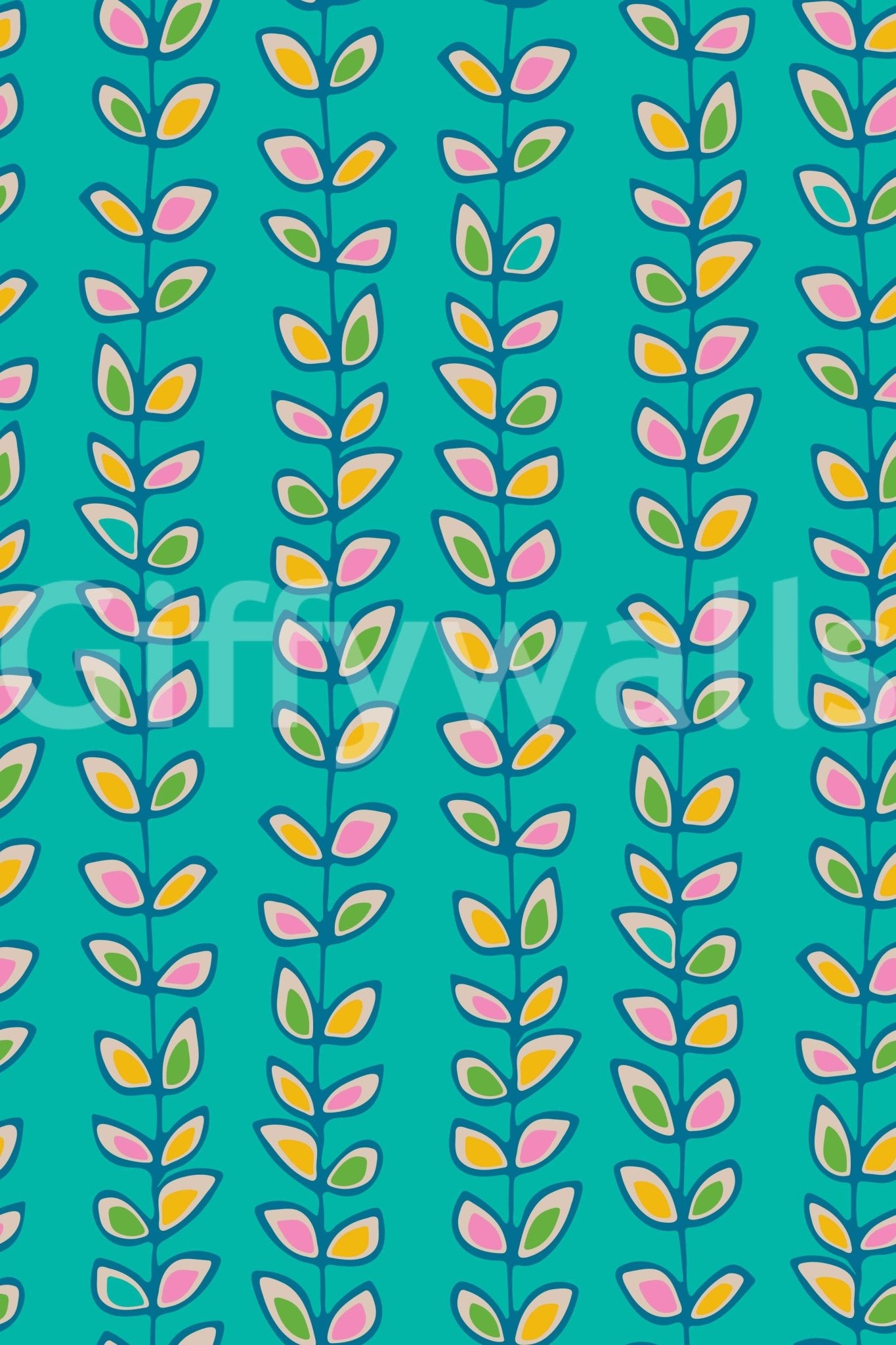 Retro Leaves Turquoise patterned mural, beautiful leaf geometry, stylish room accent.