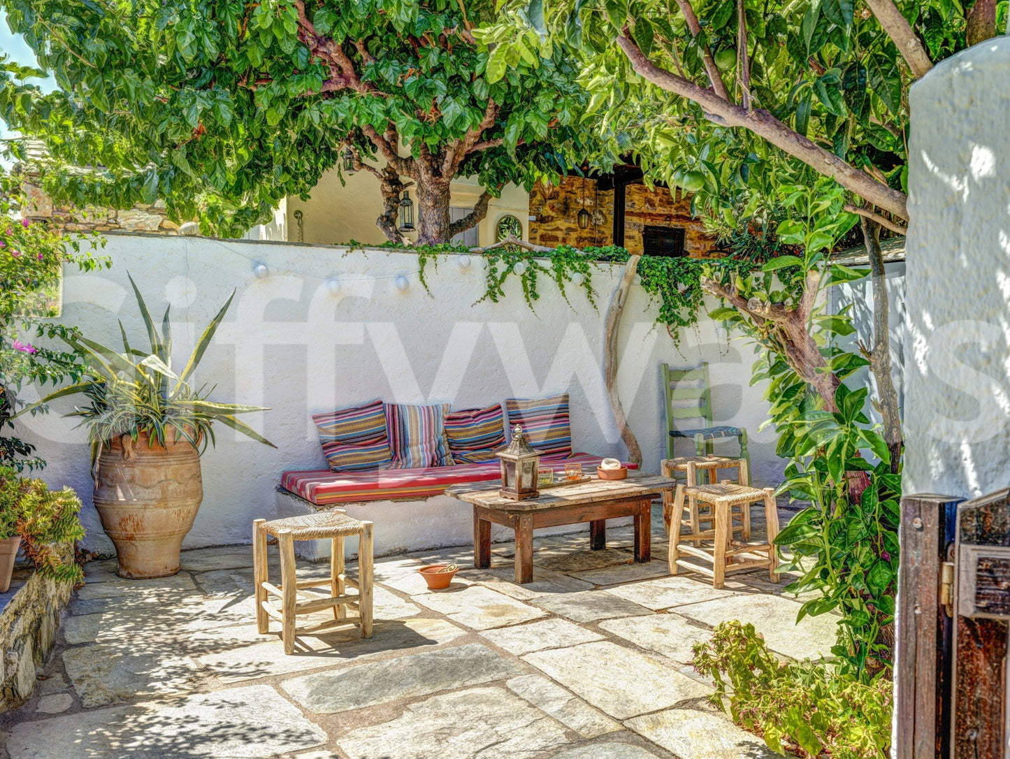 Sunroom with Colorful Backyard Patio Wall Mural and a colorful outdoor setting, GD8893