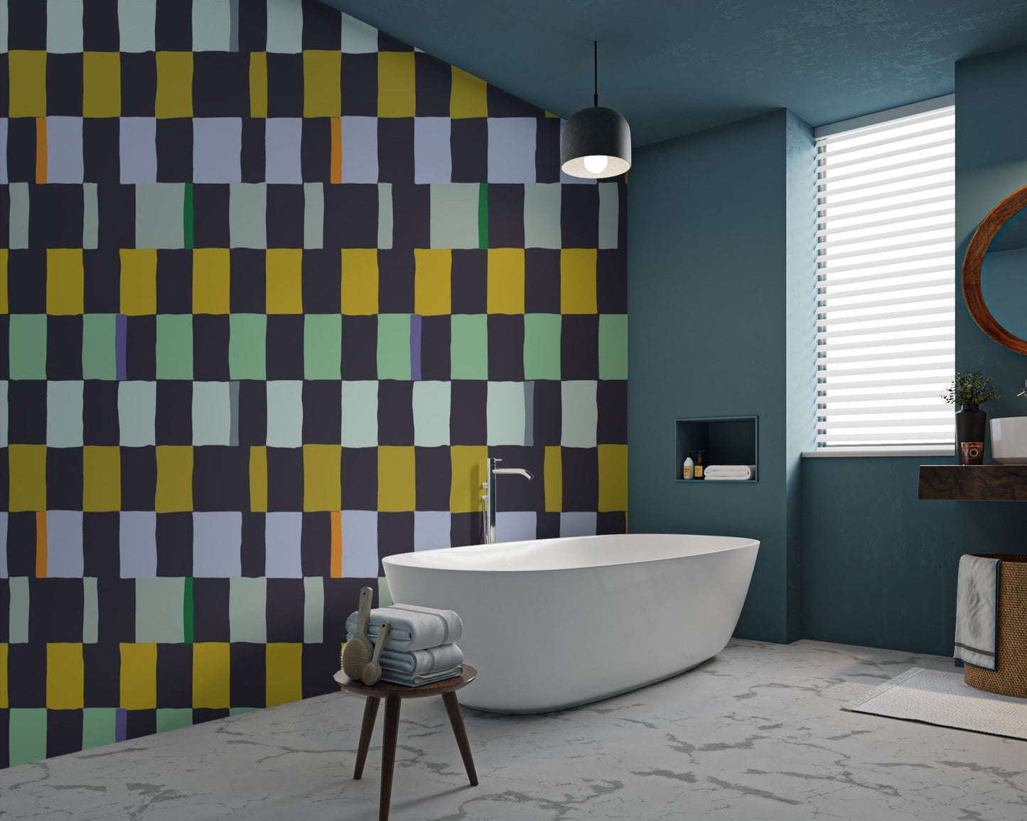 Modern mosaic quilt wallpaper for eclectic interior themes., AN105