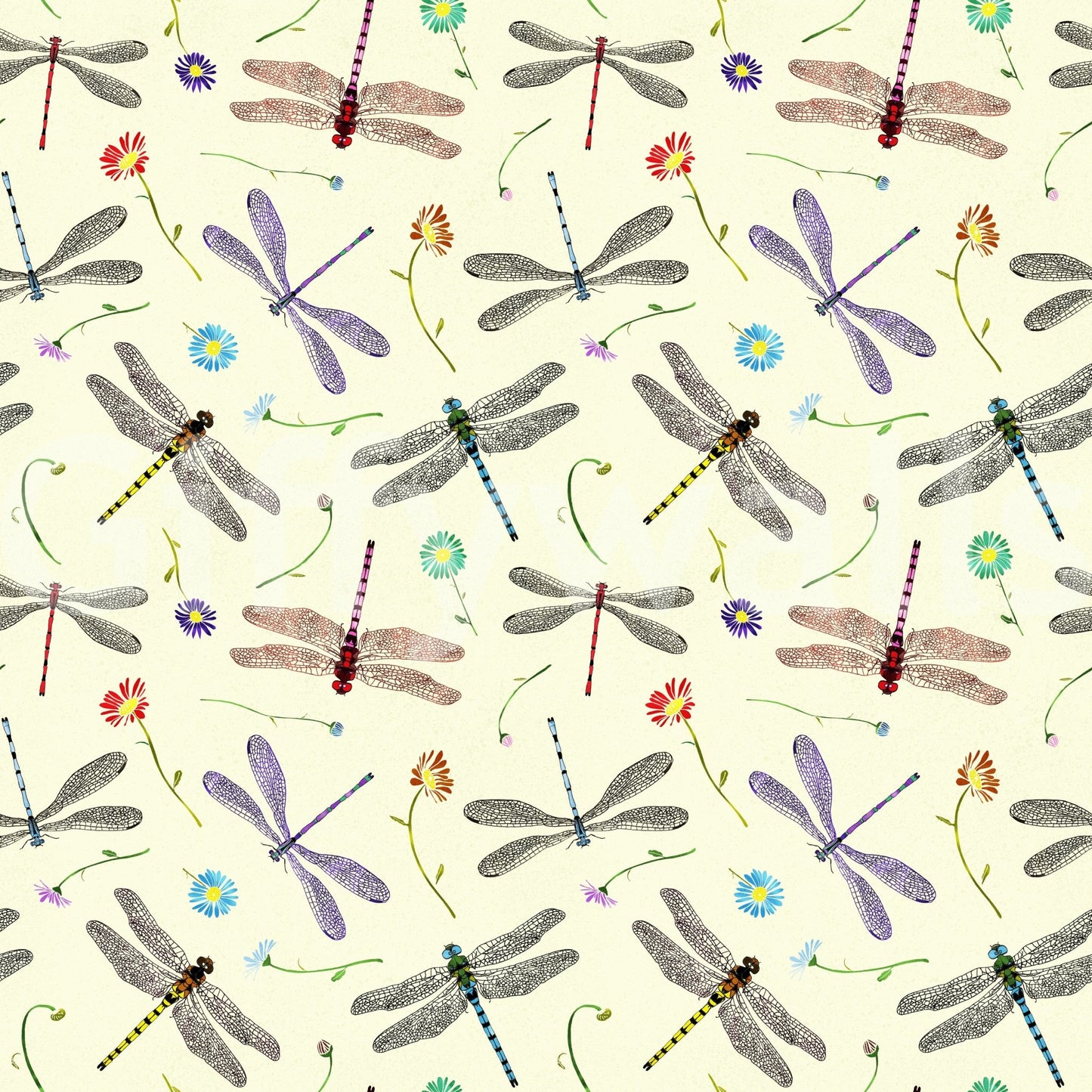 Artistic mural wallpaper with dragonflies, damselflies, and foliage.