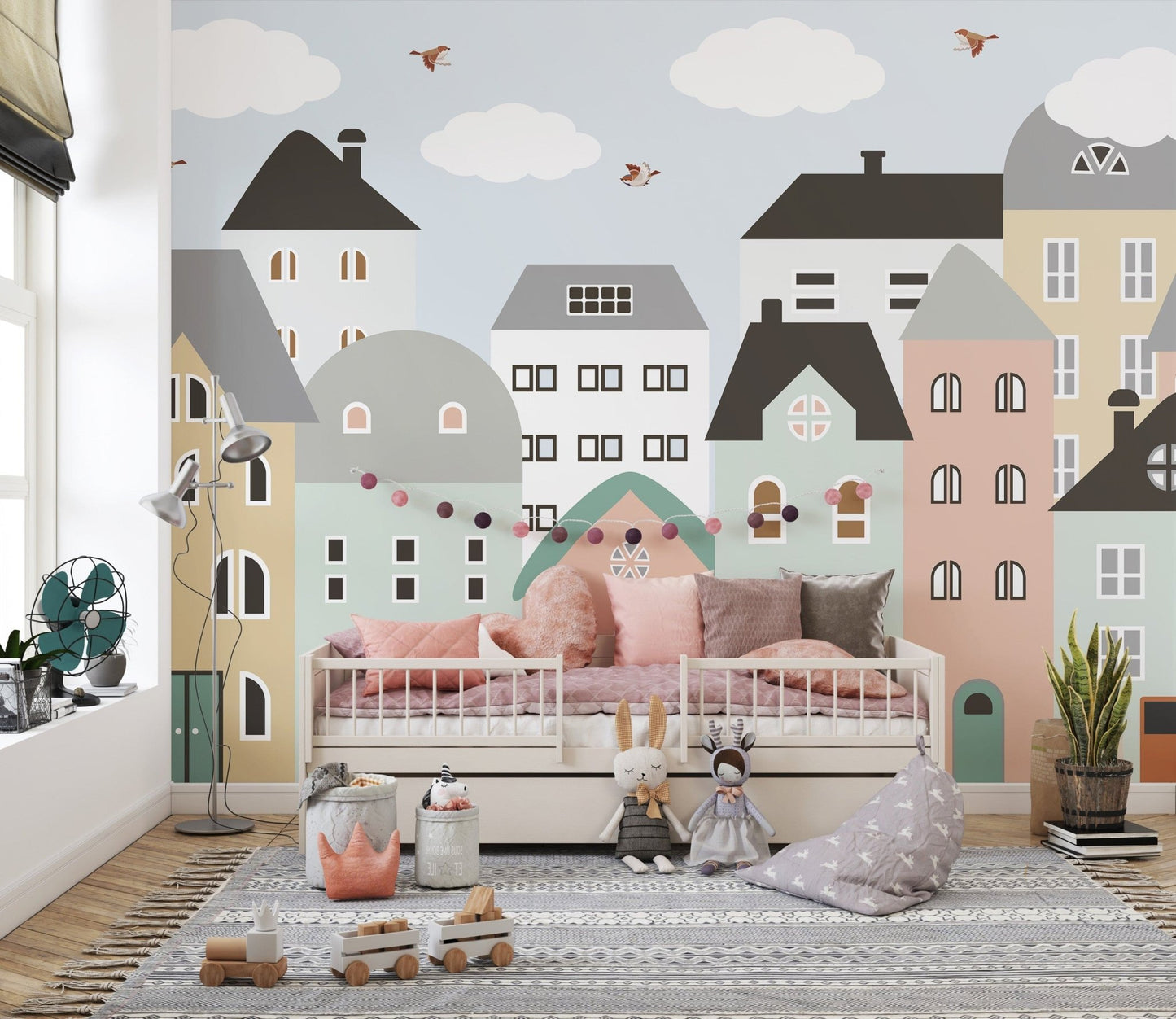 Bright city building wallpaper for nurseries A666
