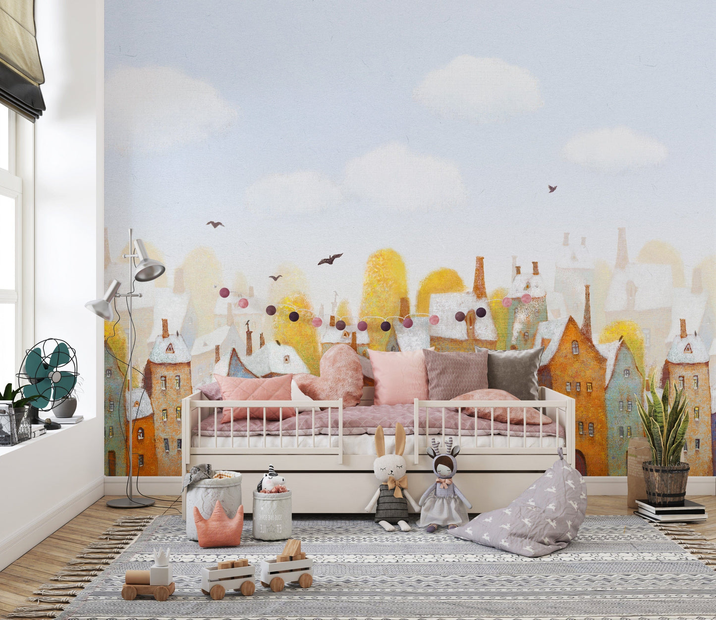 Artistic city view wallpaper in soft watercolor