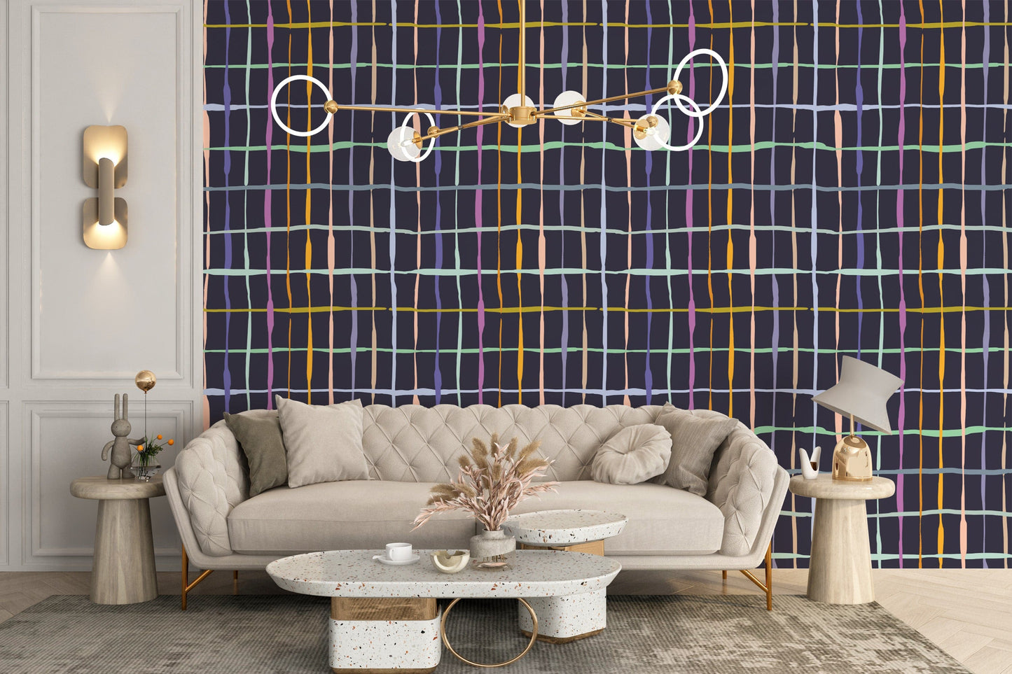 Playful colourful handdrawn lines wallpaper for rooms