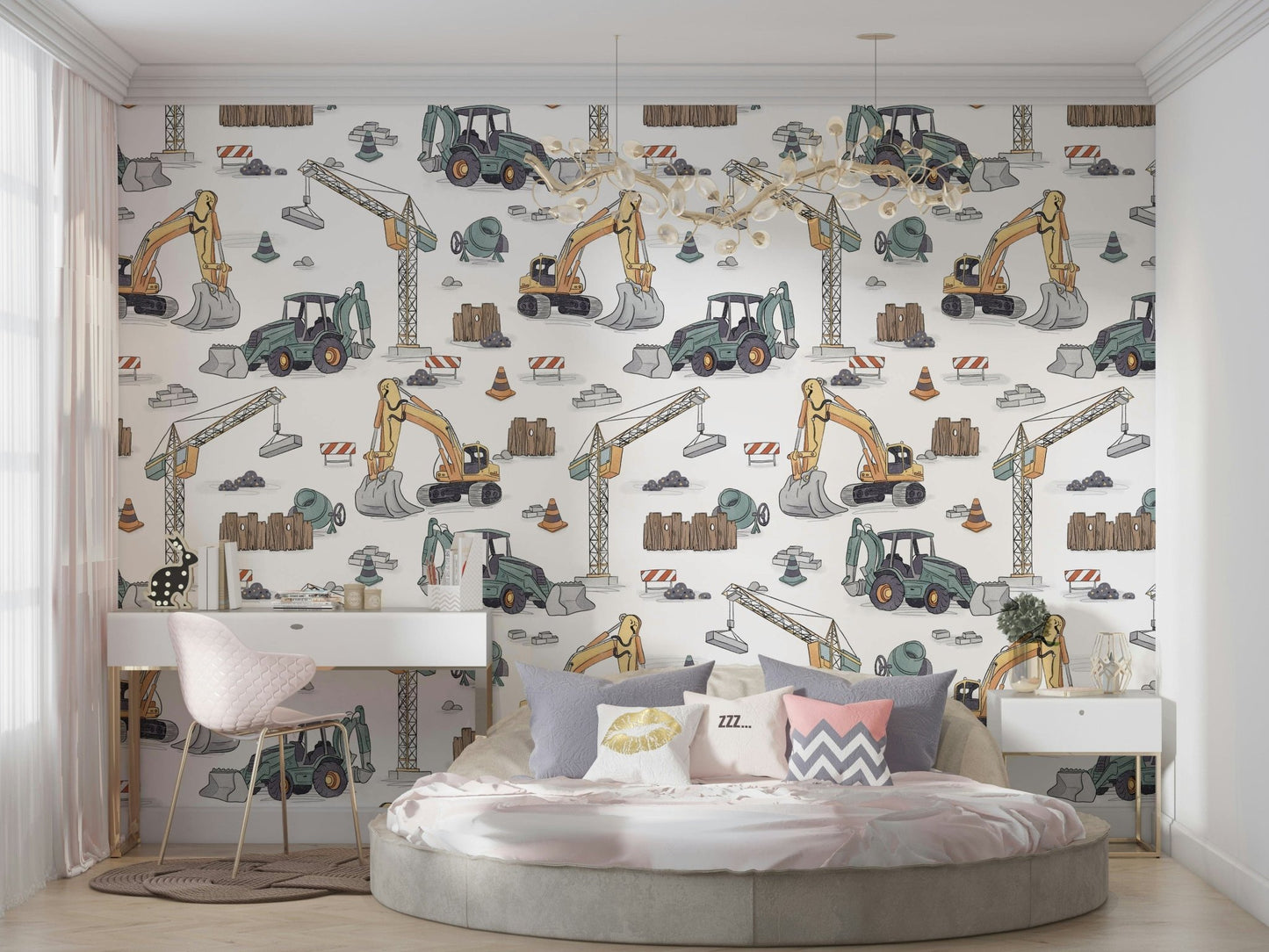 Construction-themed wallpaper for playroom