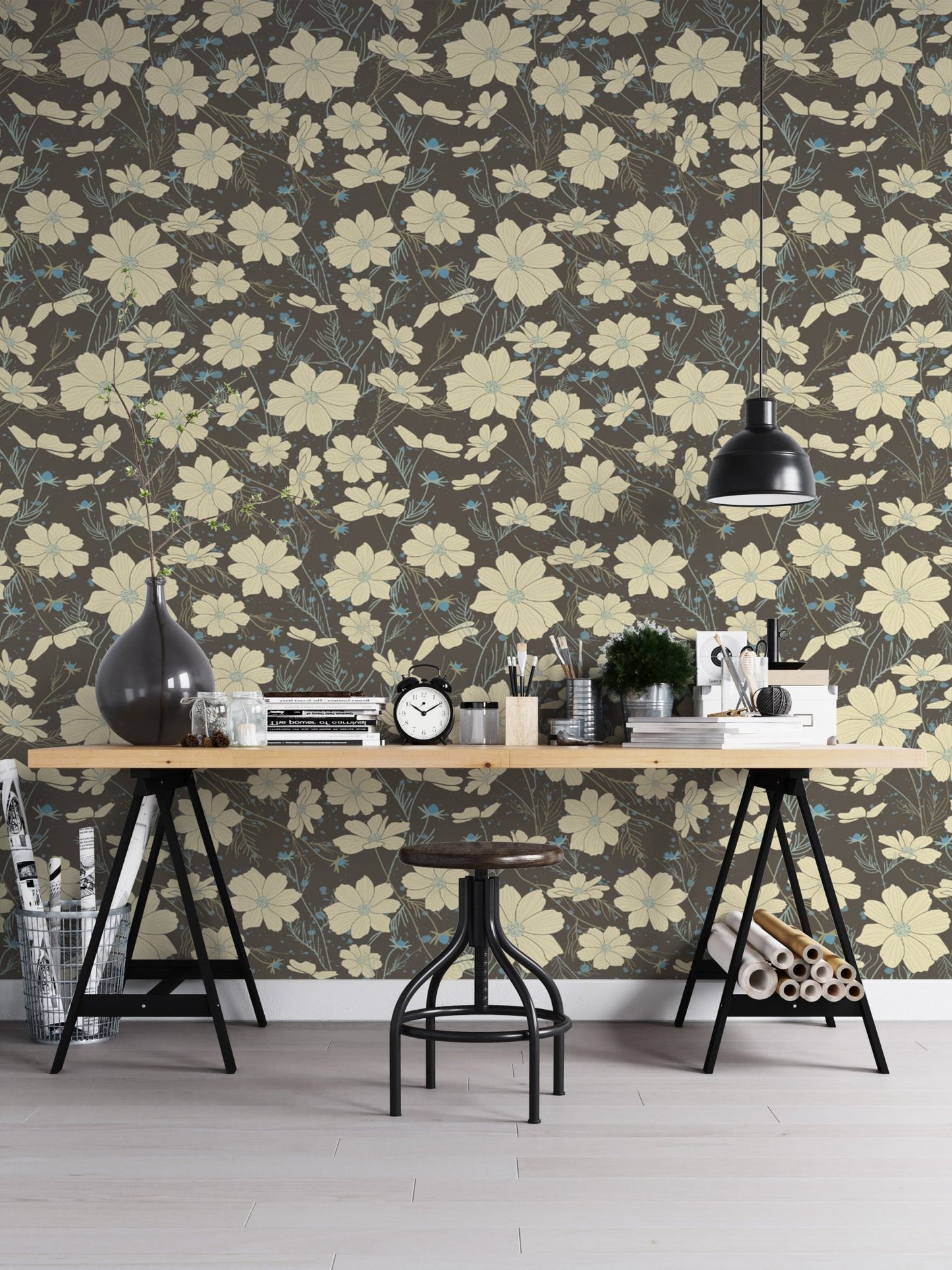Subtle gray wallpaper with delicate cosmos flower accents. NI05