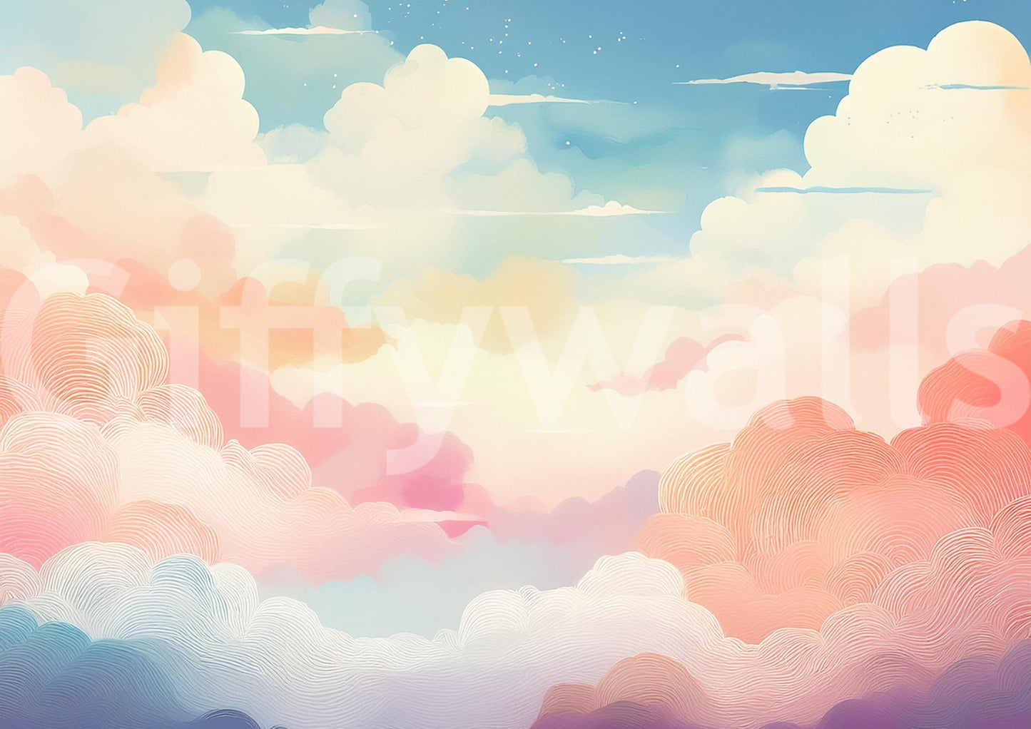 Serene cotton candy clouds mural for peaceful rooms.