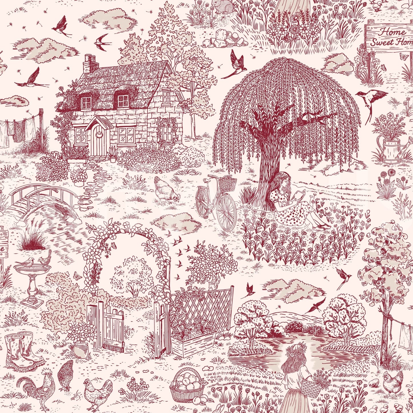 Cottage core Country Charm Toile Wallpaper Wallpaper interior decor.