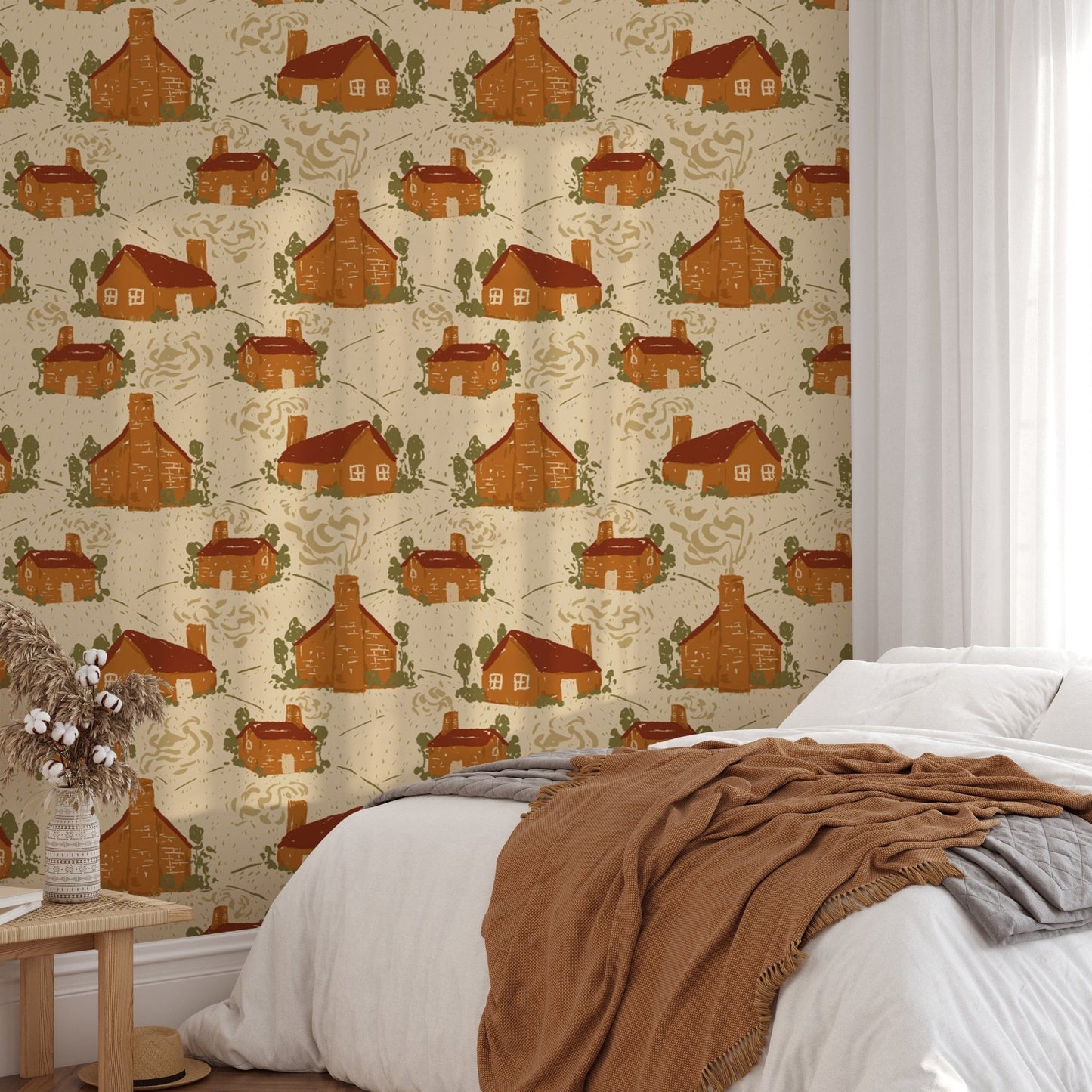 Nature-inspired cozy cottages wallpaper for a tranquil ambiance.