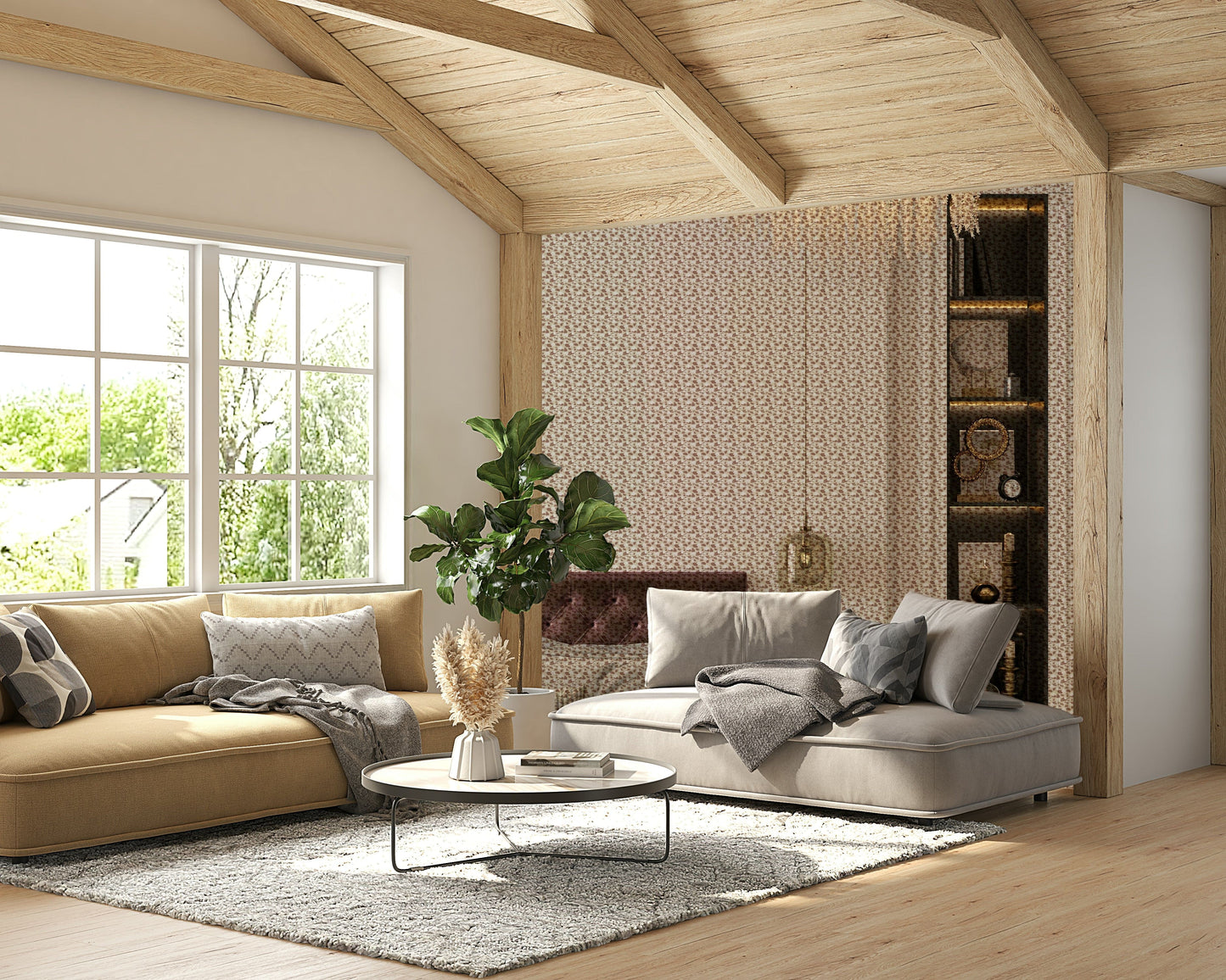 Cream floral lotus pattern wallpaper