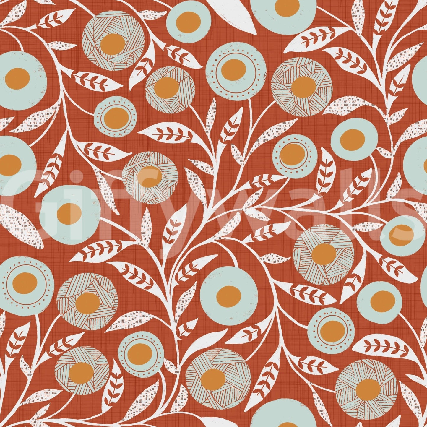Cozy Scandi Folk Floral Burnt Terracotta Craft Botanical Wallpaper with leafy floral repeat, GD8546