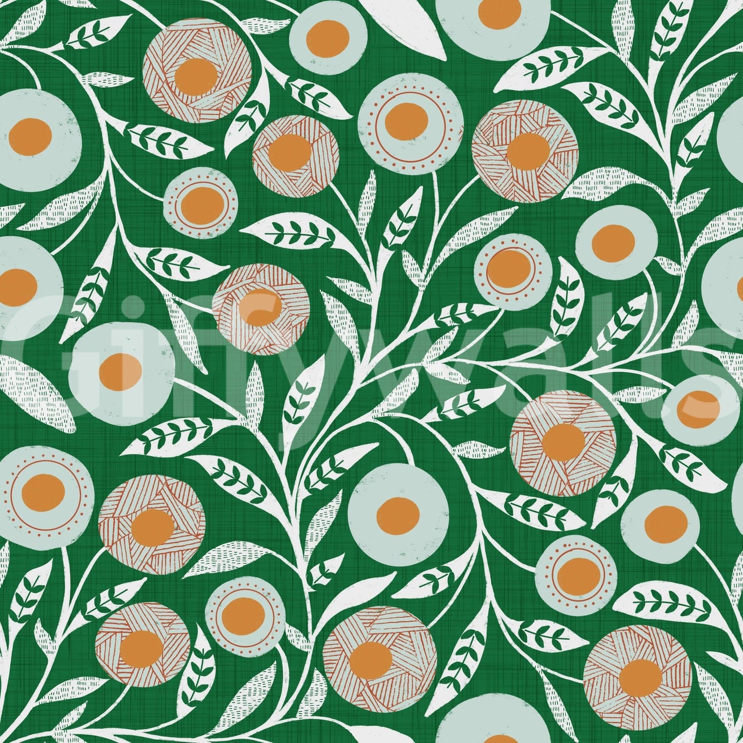 Olive Chartreuse folk botanical wallpaper with soft florals, winding leaves, and texture, GD8552