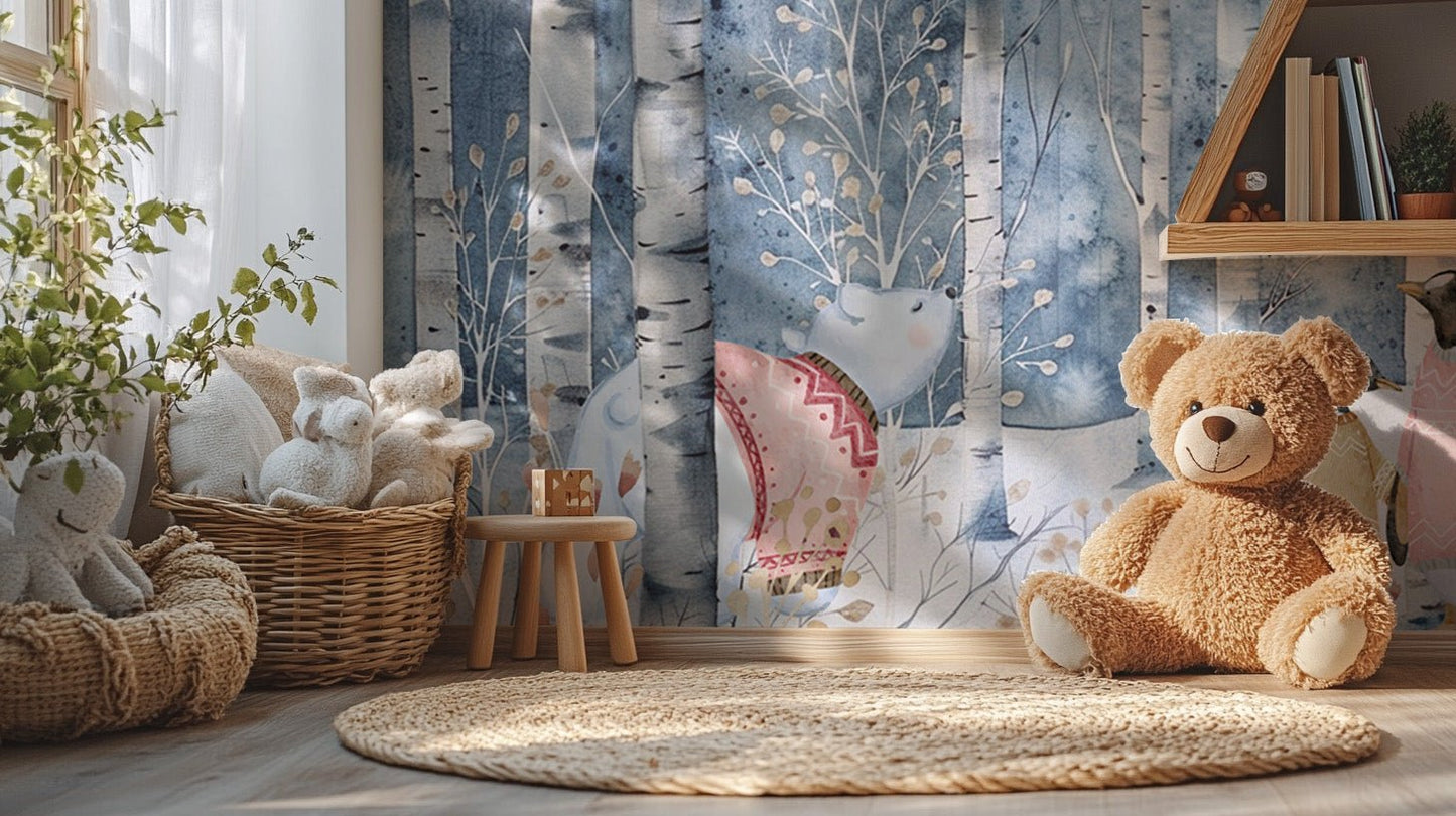 Woodland creatures in cozy sweaters mural