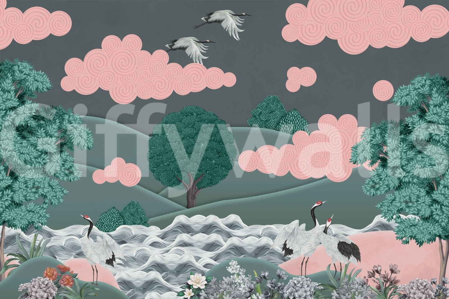 Crane's Dreamscape Wall Mural in a contemporary guest bedroom wallpaper.