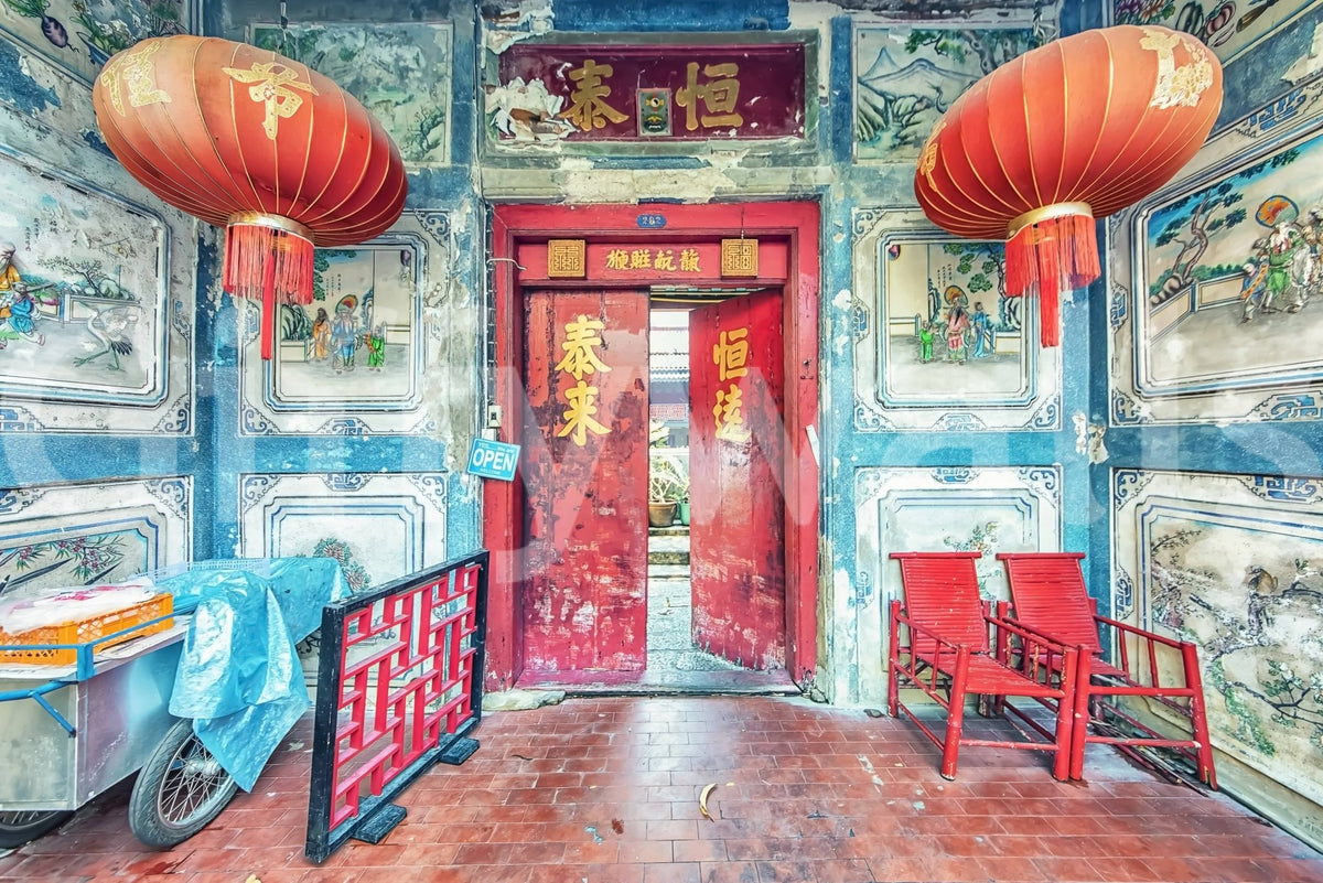 Crimson Lanterns wall mural illustrating textured teal masonry., GD7451