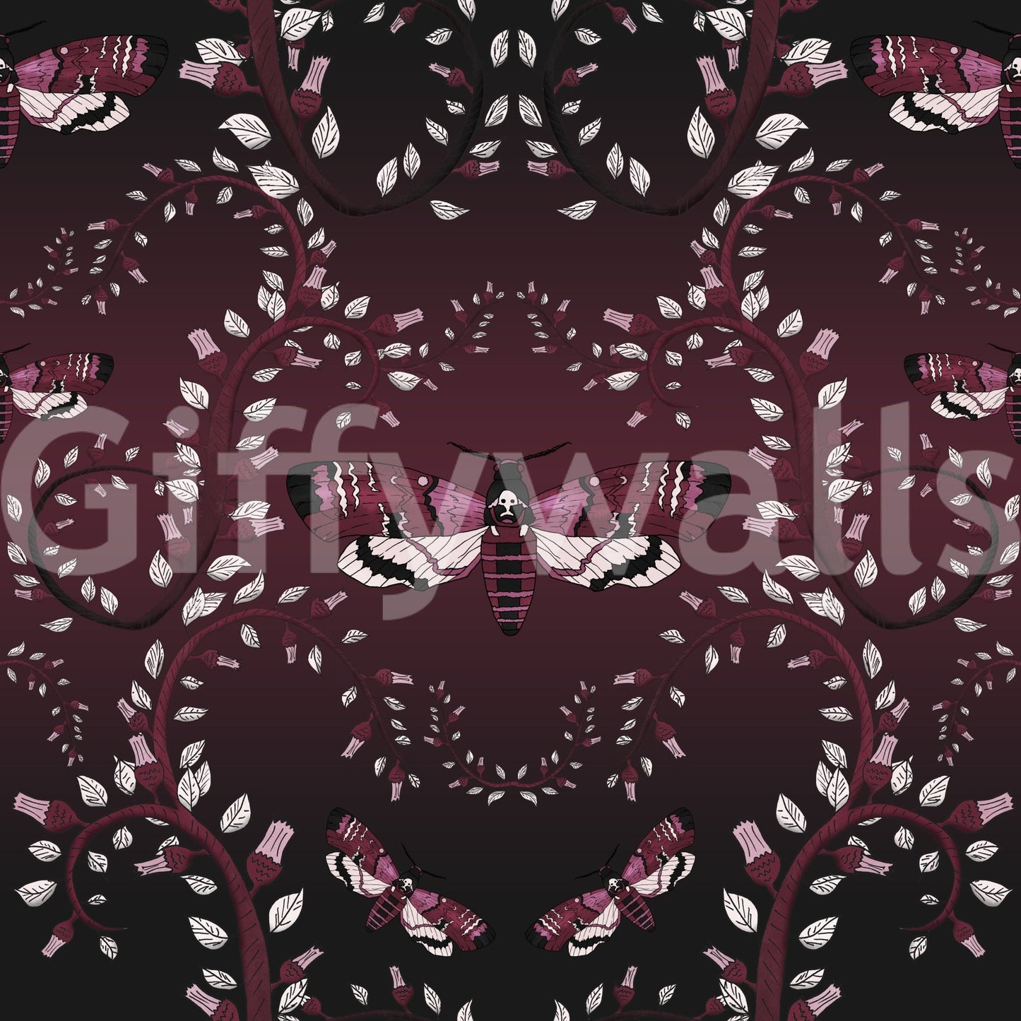 Elegant wall design with swirling moths and rich red backdrop.