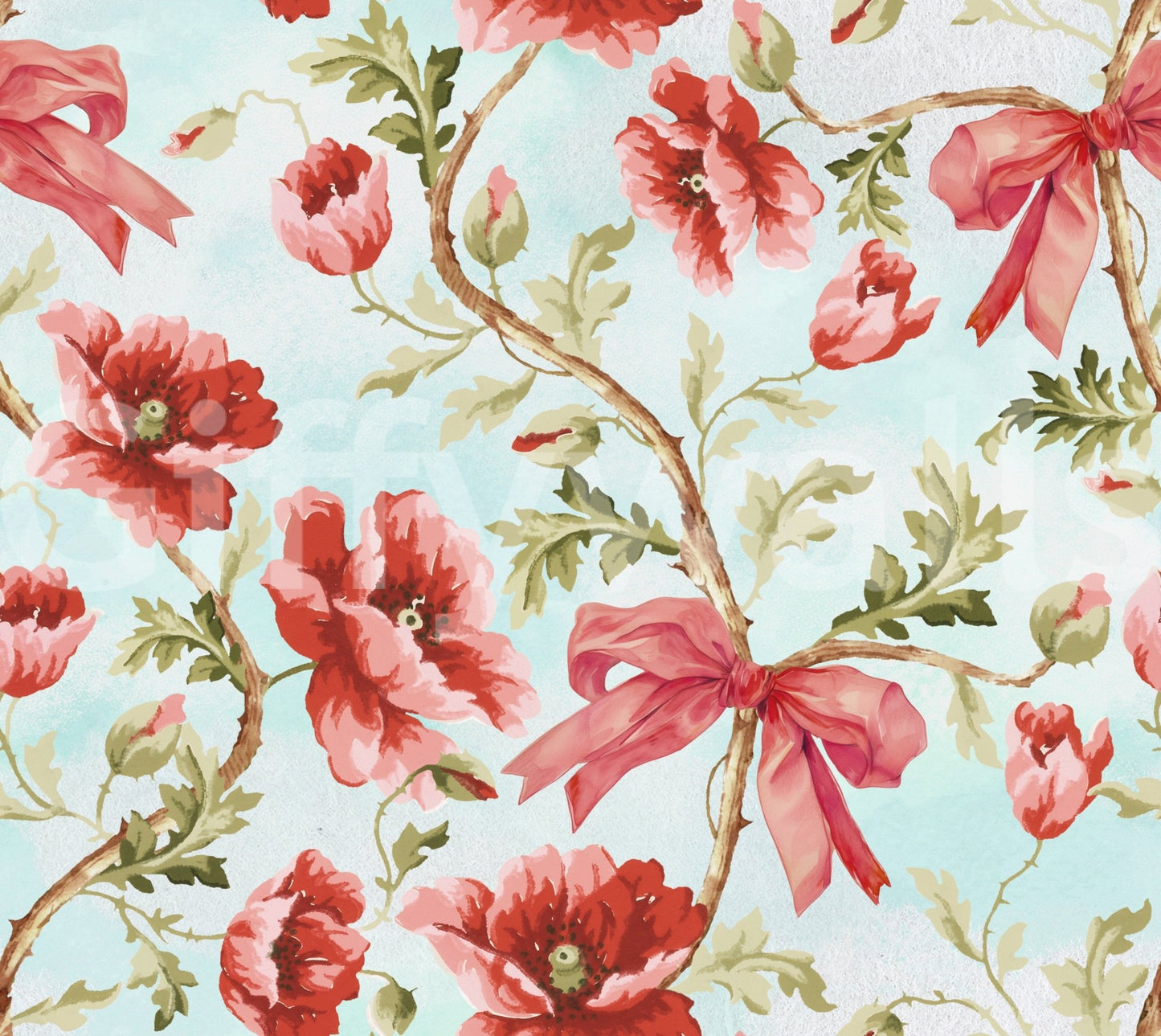 Modern crimson ribbons and poppies wallpaper.