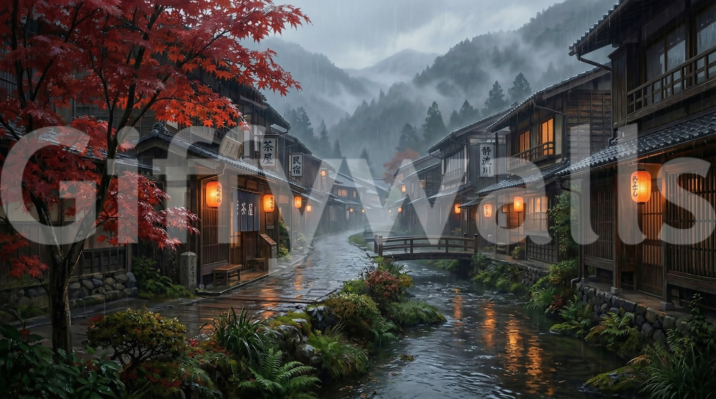 Soft rain detail falls over the village rooftops in this Crimson Rain Japan wall mural.GD9528