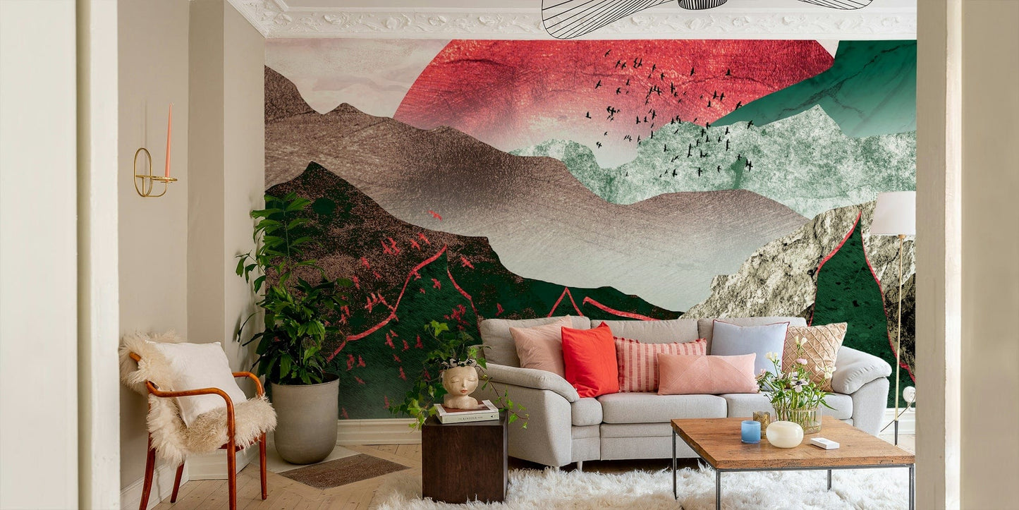 Sunset behind forested hills mural GD111