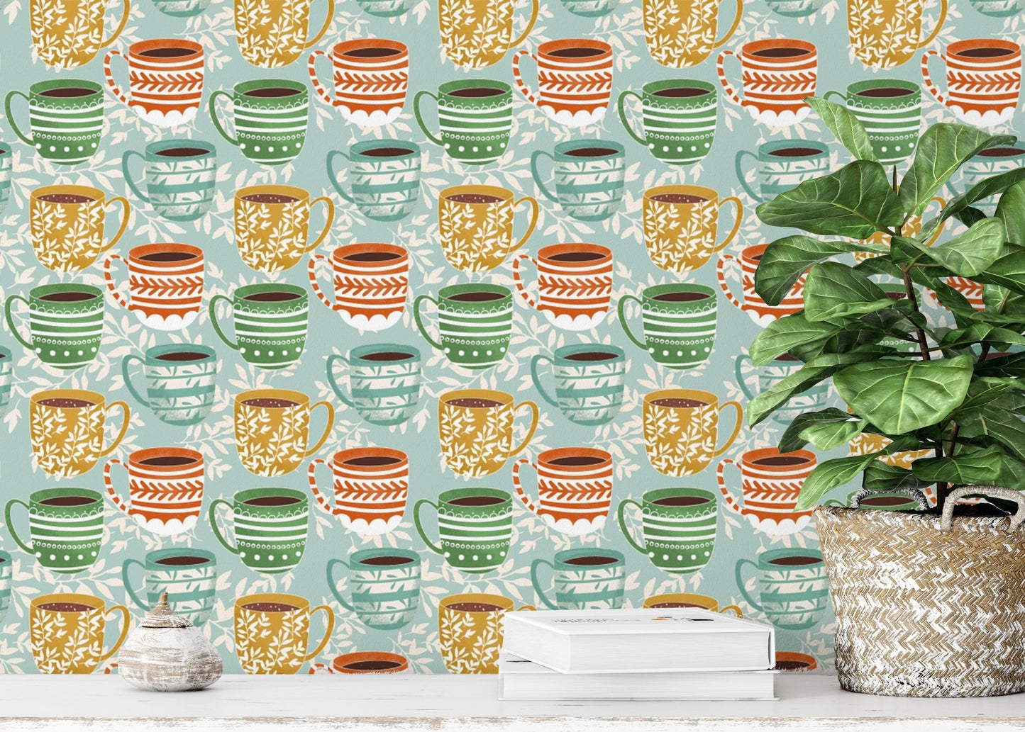Chic coffee mug-themed wallpaper mural, SUSCT72
