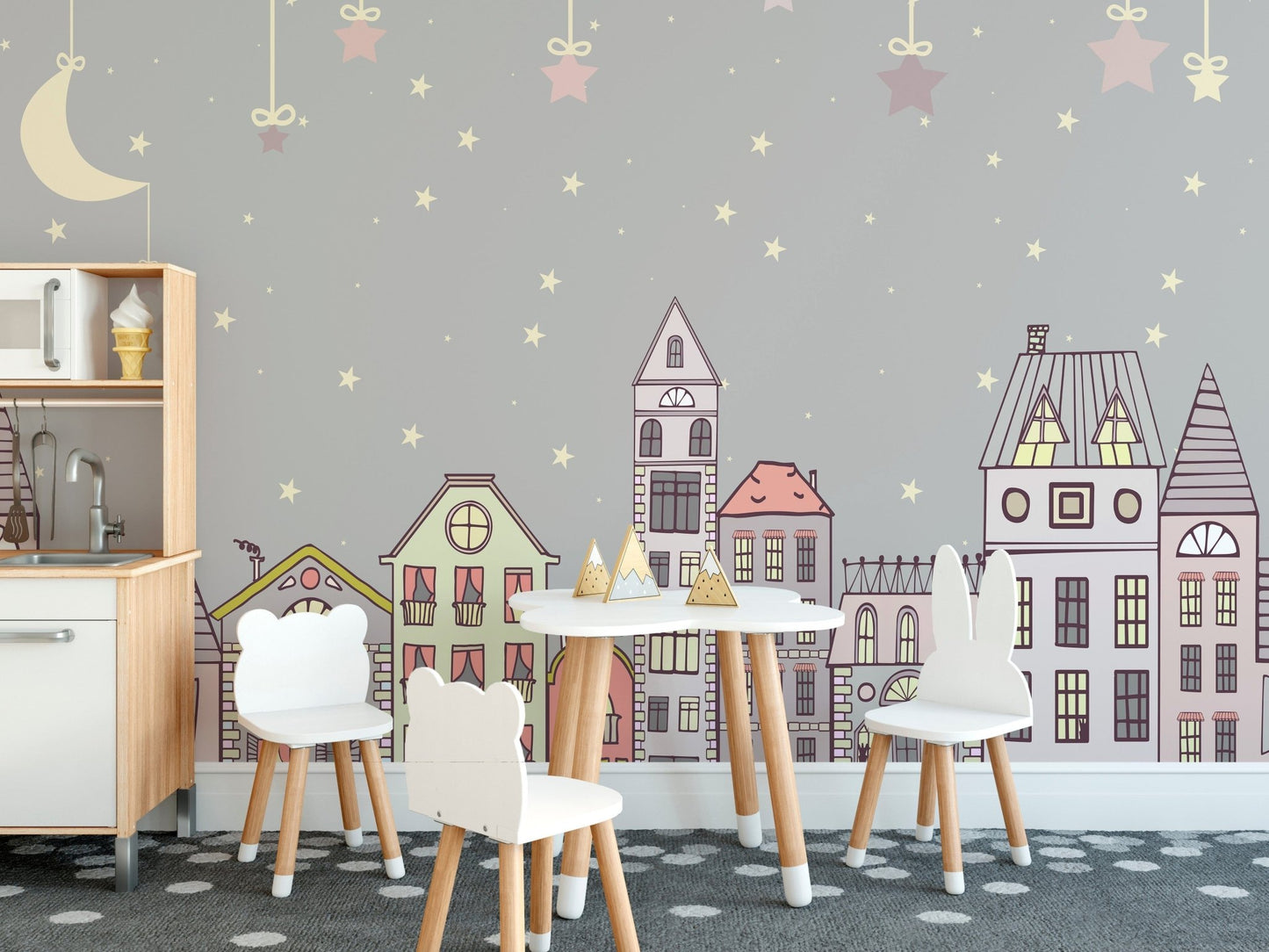 Charming night-themed wallpaper with a pastel house row A792