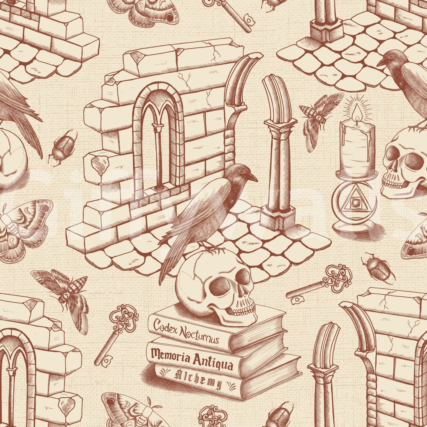 Cozy Amber Wallpaper Featuring Dark Academia Toile de Jouy