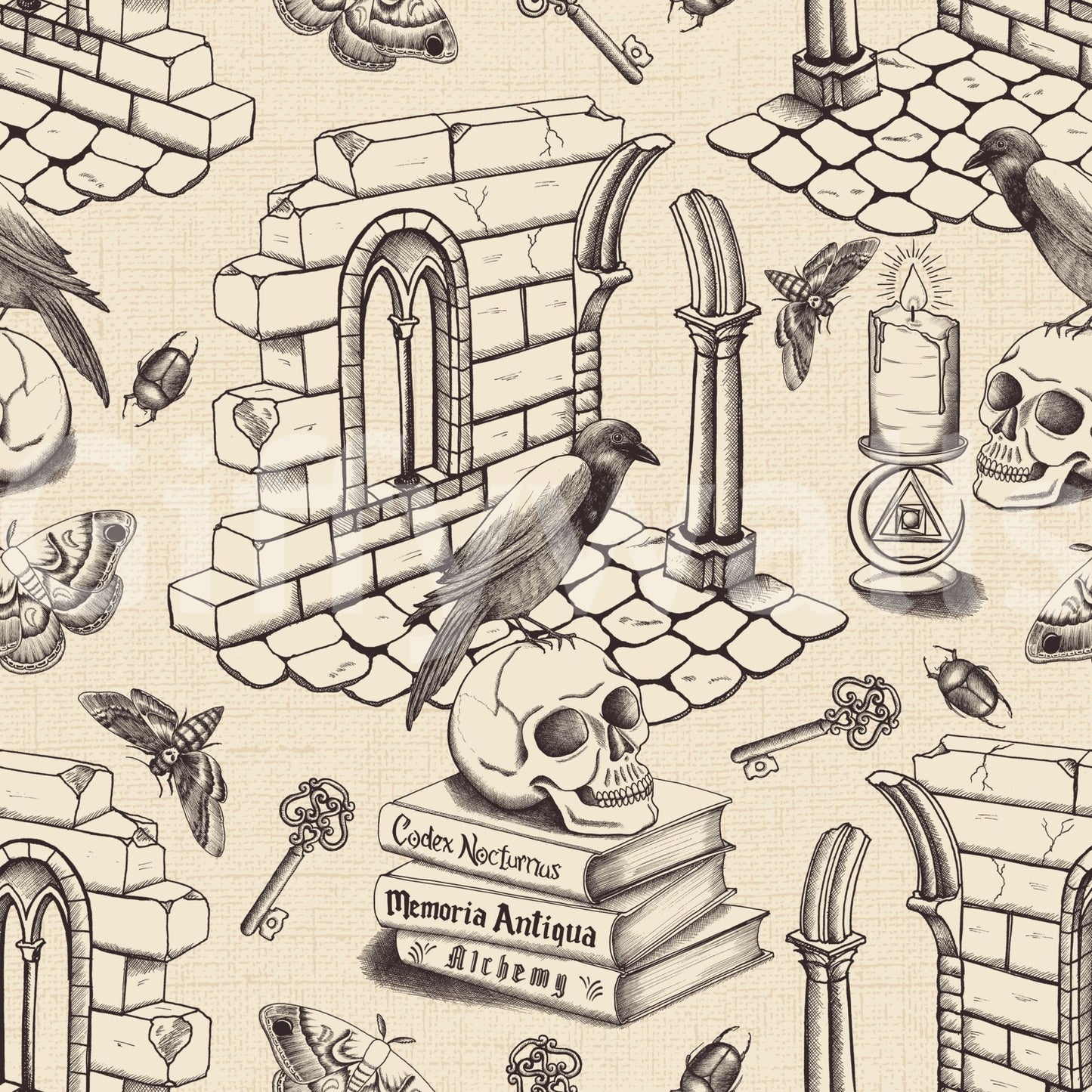 Rich, dark academia style with ink black toile de Jouy wallpaper.