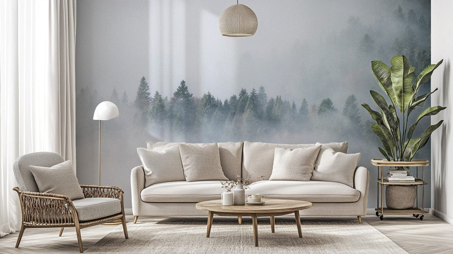 Mysterious foggy pine forest wallpaper mural