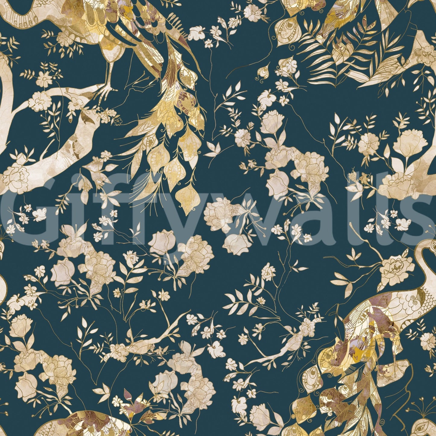 Balanced bird and bloom artwork marks Dark Navy Bird Wallpaper clearly