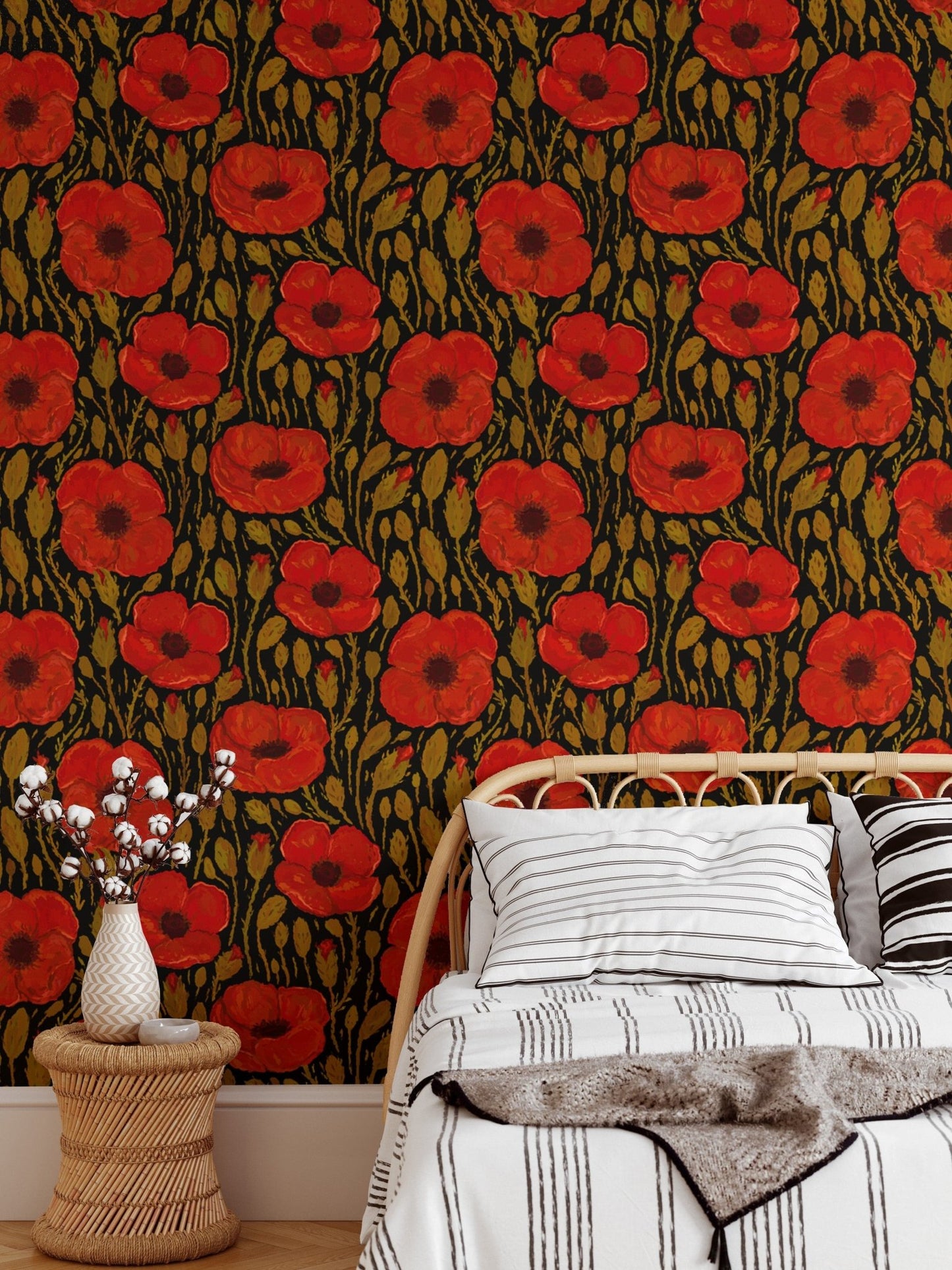 Artistic dark red poppy wallpaper for a unique and bold wall statement. RNM76
