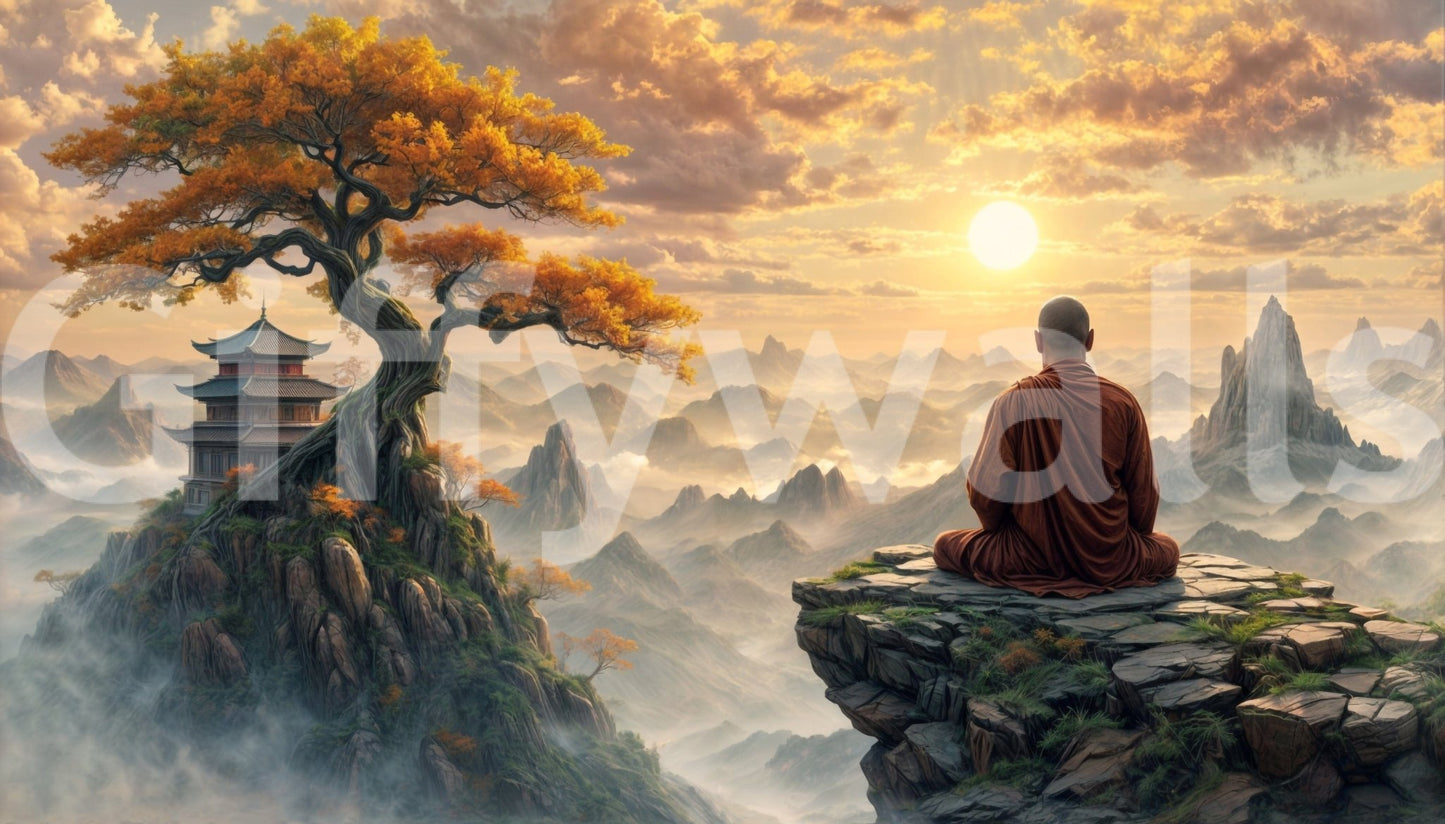 Dawn Serenity Mural in a minimalist living room with soft blue tones wallpaper mural.