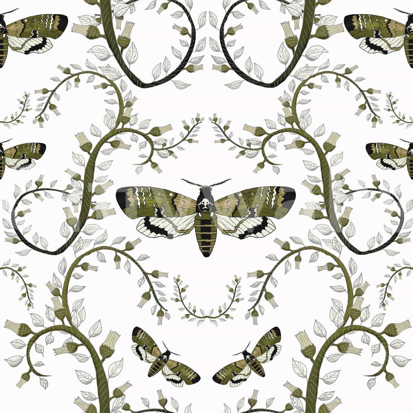 Durable wall mural with a high-definition motif of a botanical moth habitat.