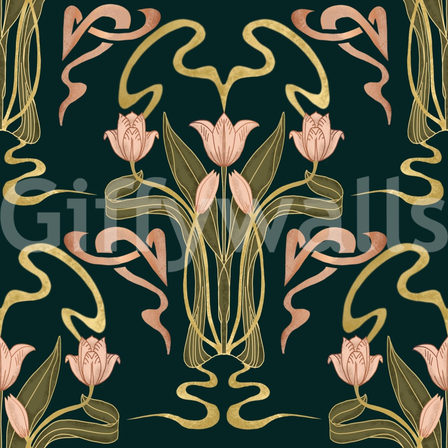 Floral art deco wallpaper deep forest colors