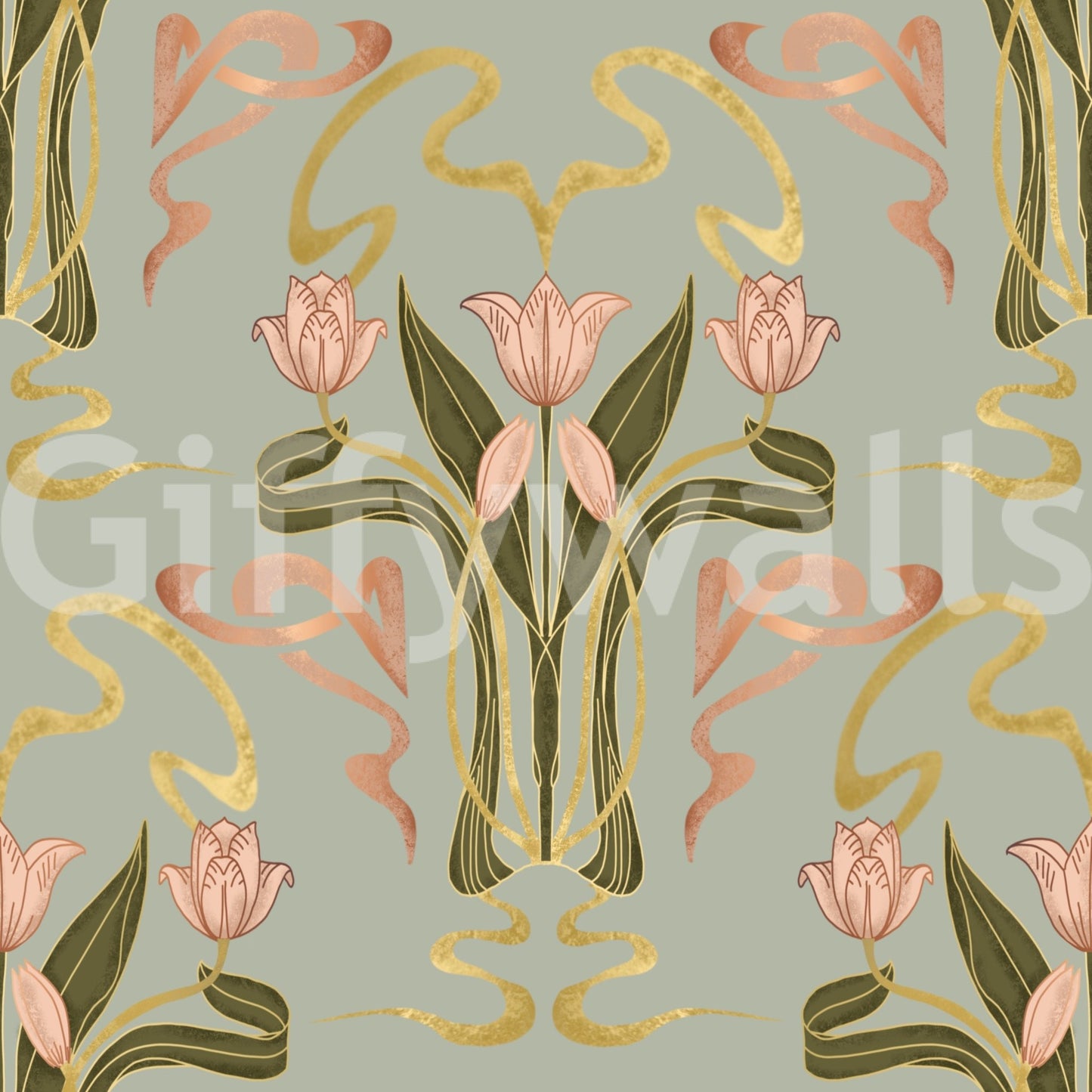 Floral art deco wallpaper muted sage tones GD643