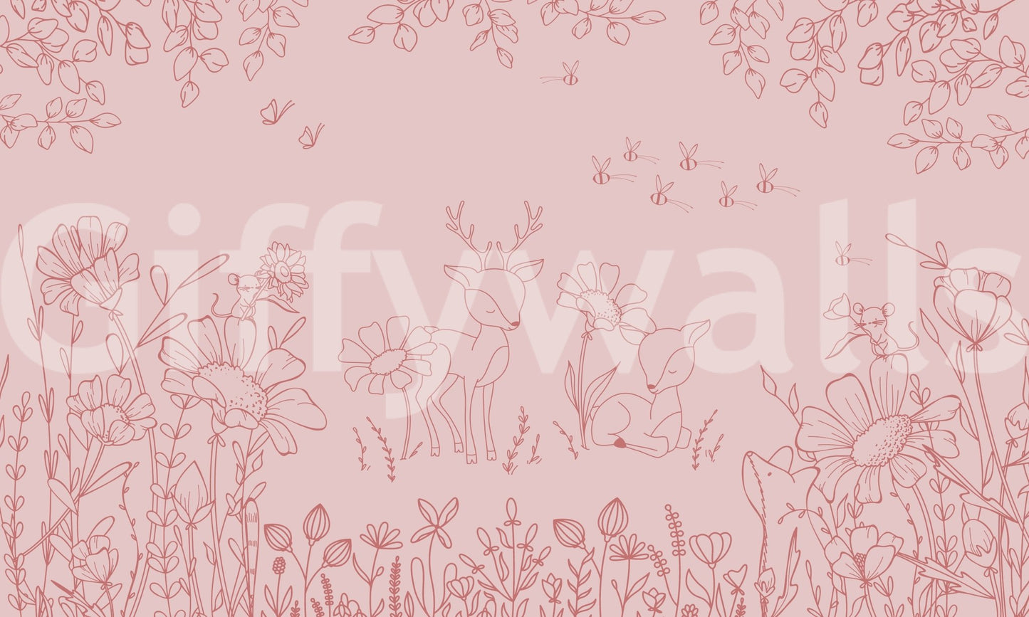 Deer Doodles Pink Dark Wall Mural with calm outline pattern