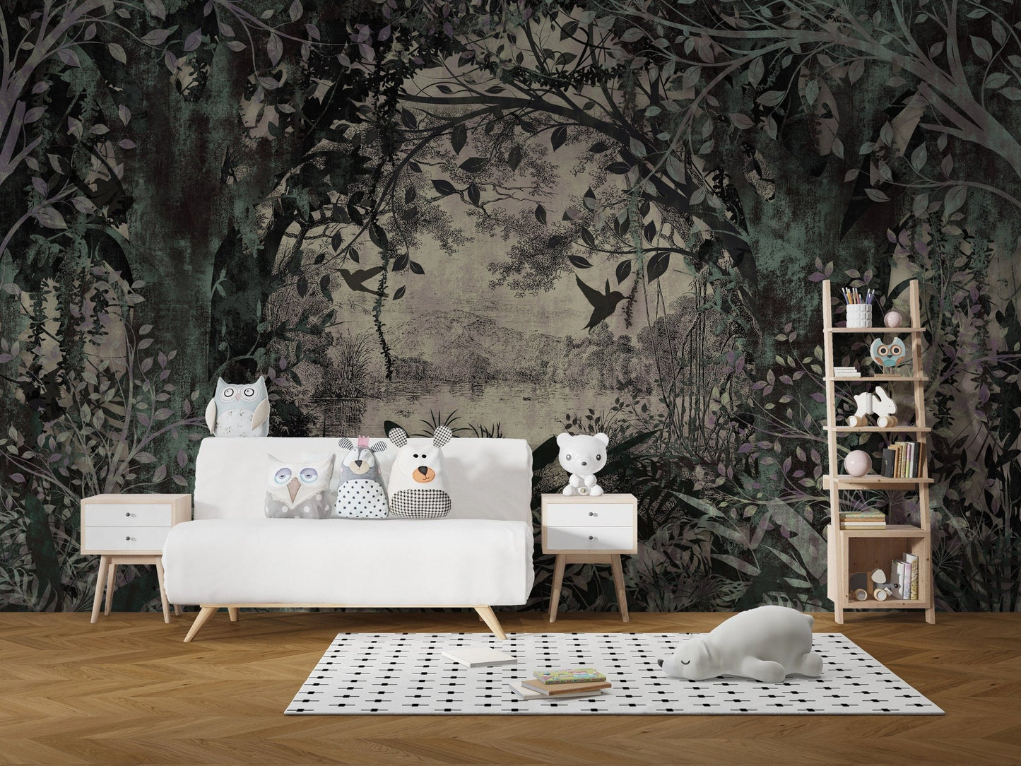 Dense green forest mural for peaceful walls A643