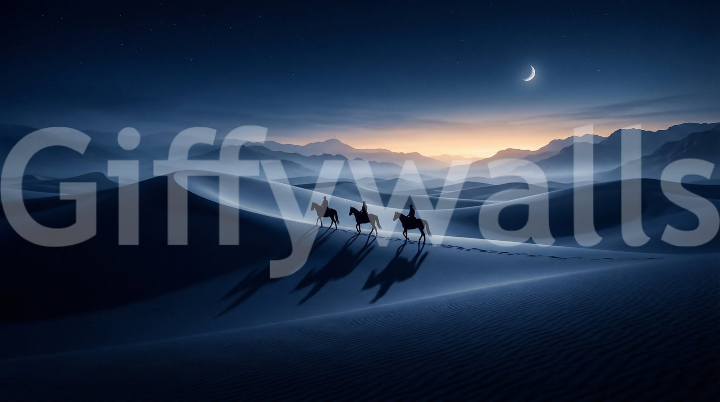 A faint orange band glows along the horizon line of this riders desert wall mural.GD9592