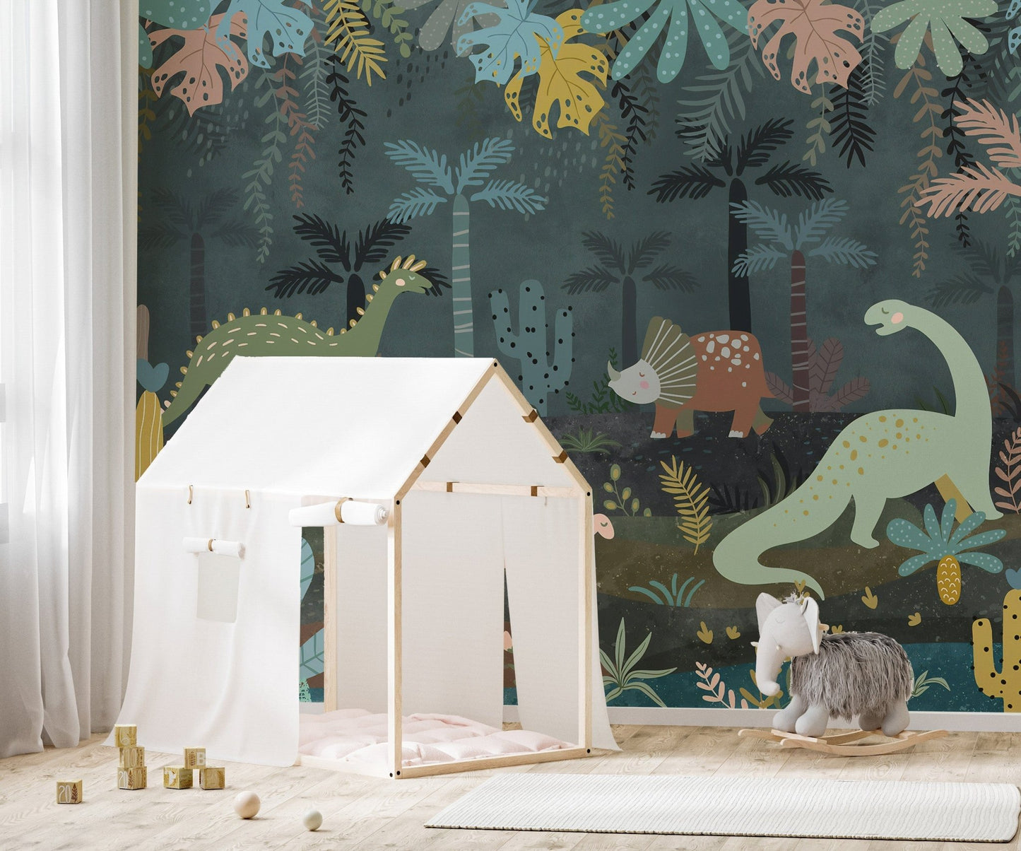 Nighttime jungle with dinosaurs