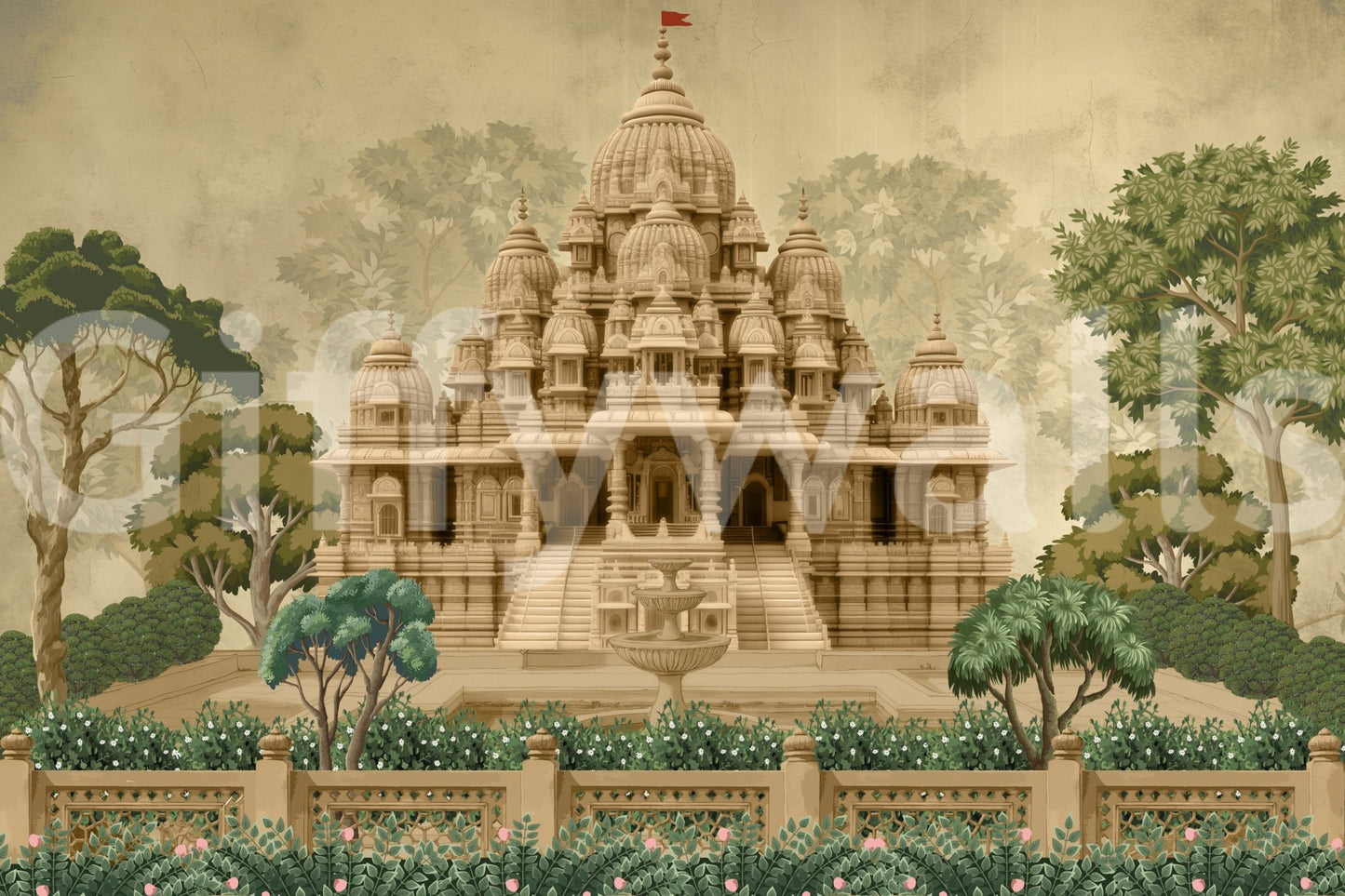 Divine Devalaya wall mural with decorative pillars and traditional styling