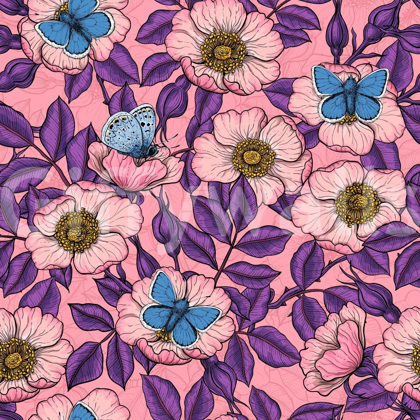 Bright pinks, purples, and blues mix freely across this Dog Rose Butterfly wallpaperGD9561