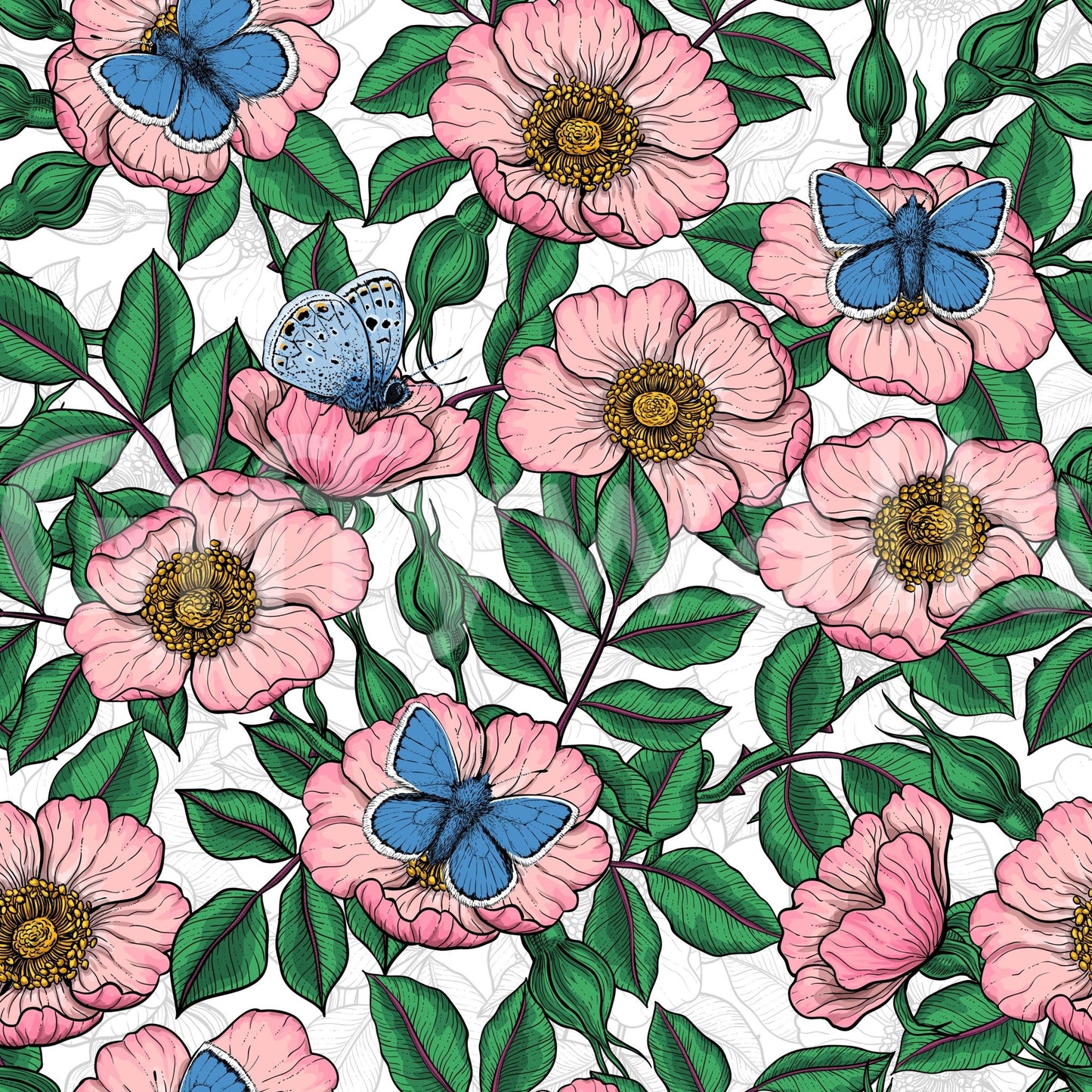 Hand-drawn shading shapes every petal on the Dog Rose Butterfly wallpaperGD9560